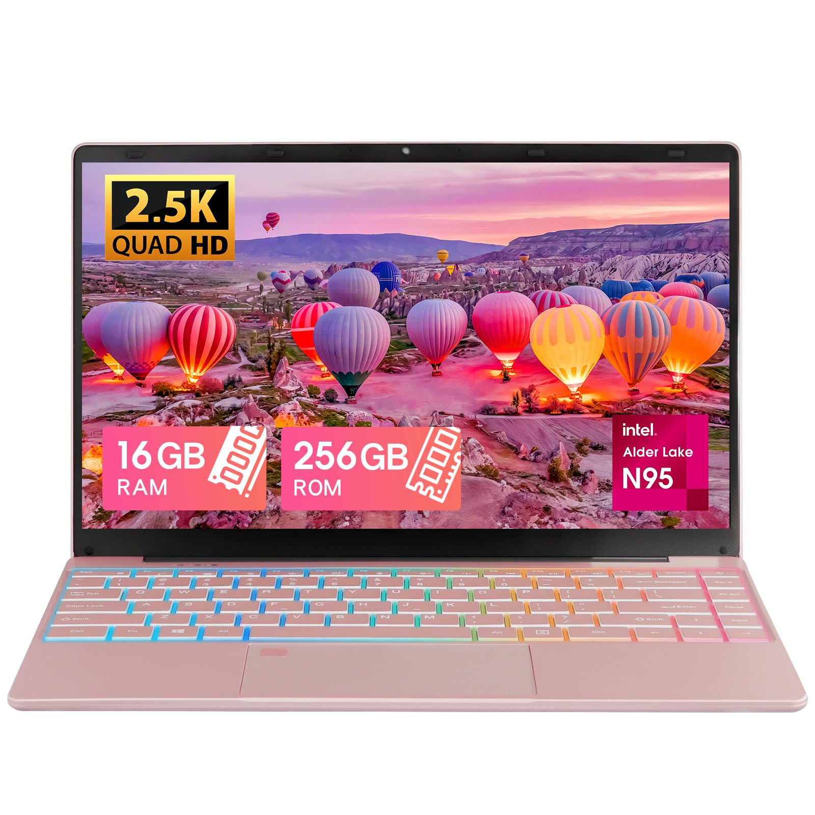 UDKED 14 Inch 2.5K Laptop - 16GB RAM, 256GB SSD, Intel N95 Processor (Up to 3.4GHz) with Colorful Backlit Keyboard, 2560×1440 IPS FHD Display, USB 3.0 x2, WiFi - Rose Gold Ultrabook | Perfect for Work, Study & Entertainment