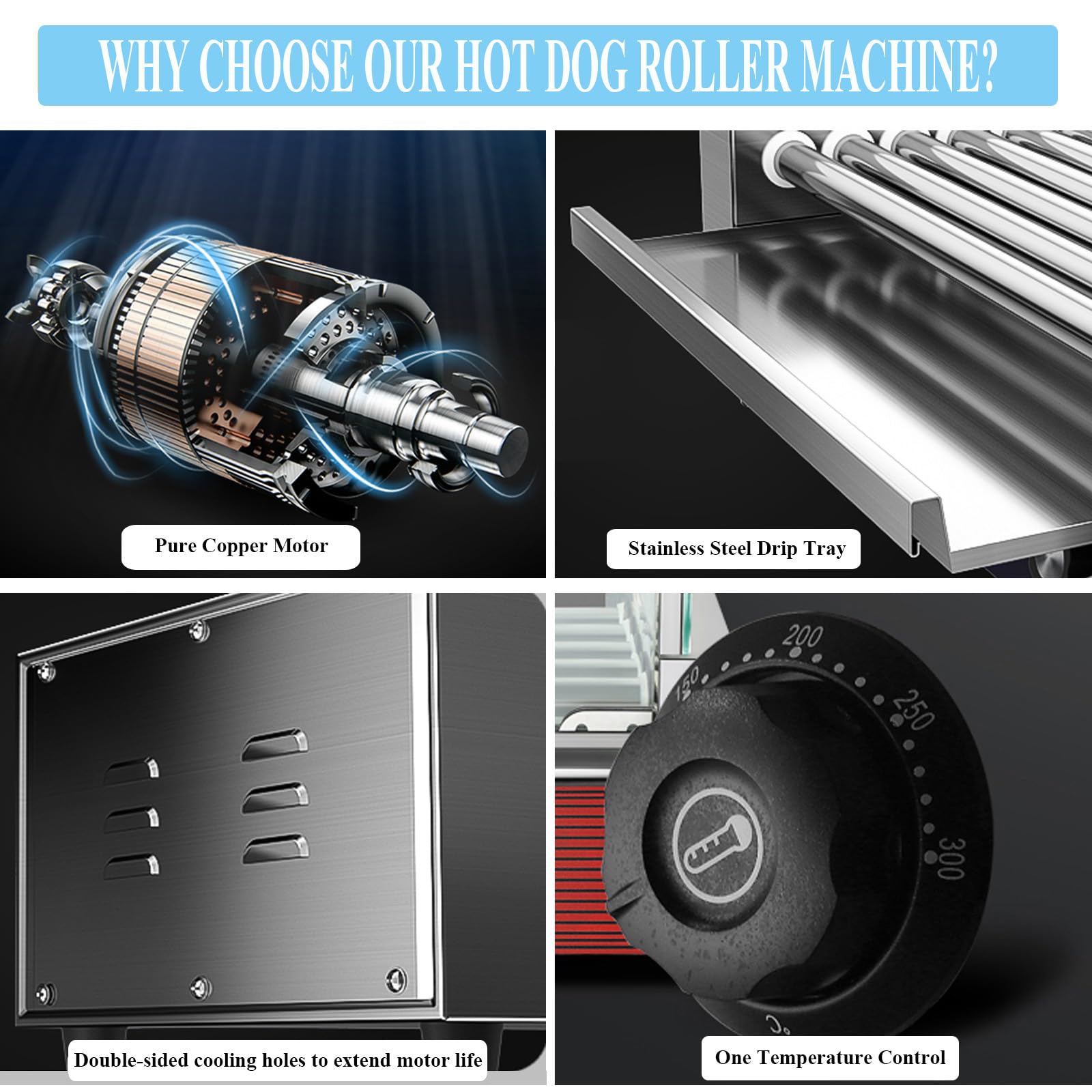 Commercial & Home Electric Hot Dog Roller Machine - 5 Stainless Steel Hot Dog Cookers - No Cover Silver - Perfect for Restaurants, Carnivals, Food Trucks and Family BBQs