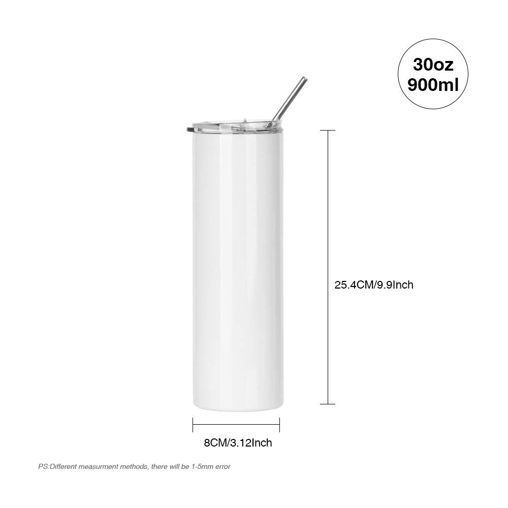 PYD Life 8 Pack 30oz Skinny Stainless Steel Sublimation Tumblers with Lids & Metal Straws - Bulk Straight Coffee Cups for Sublimation Press Machine & Oven - Perfect for Custom Gifts, Promotional Items & DIY Craft Projects