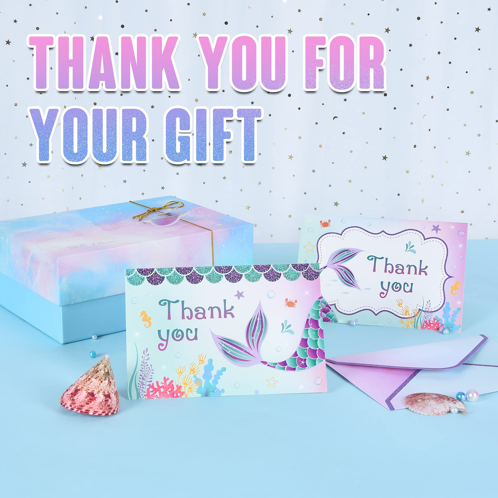 WERNNSAI Mermaid Thank You Cards - 24 Sets with Envelopes for Birthday Gifts & Party Favors