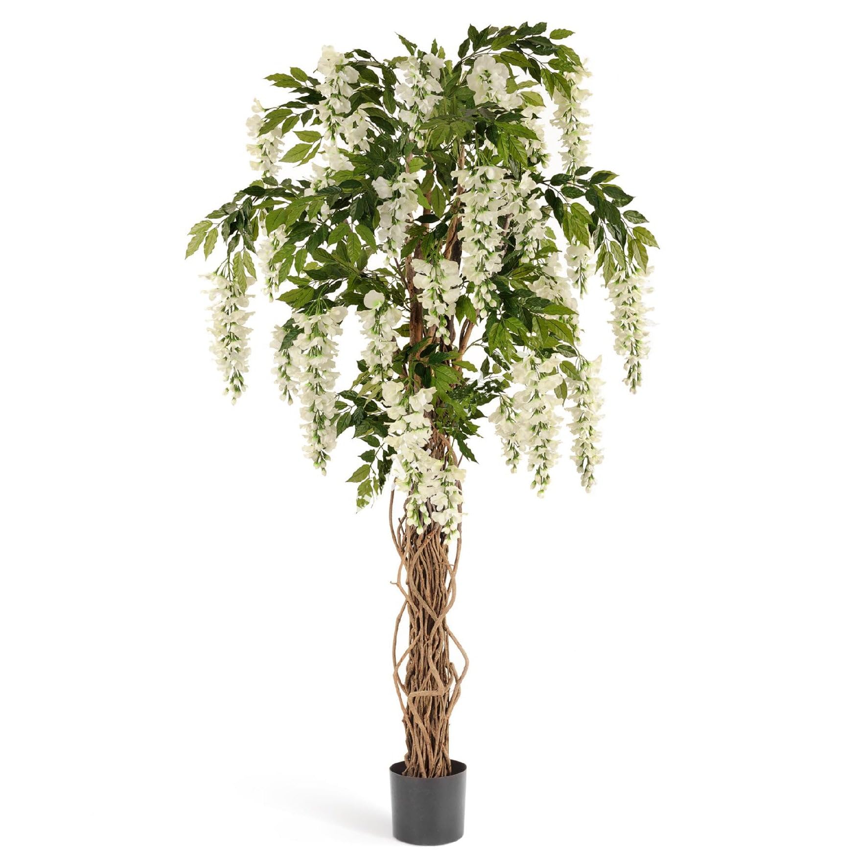 6.5 Feet Artificial Wisteria Silk Tree with Planter - White/Cream Floral Decor for Home, Office, Wedding & Garden Decoration