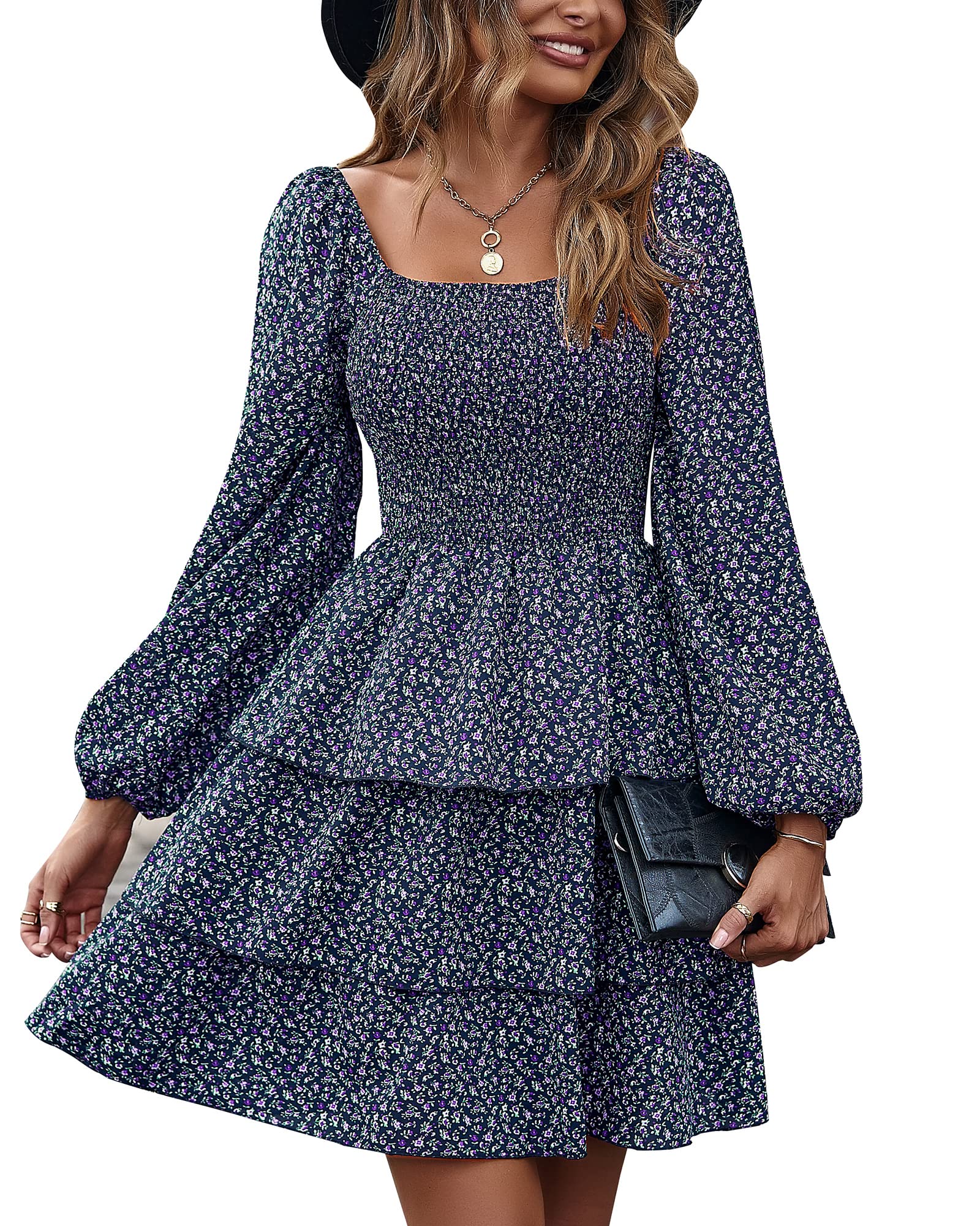 BTFBM Women's Floral Swiss Dot Smocked Mini Dress - Square Neck Long Sleeve Boho Wedding Guest Dress for Spring & Summer 2025 | Perfect for Garden Parties, Bridal Showers & Date Nights