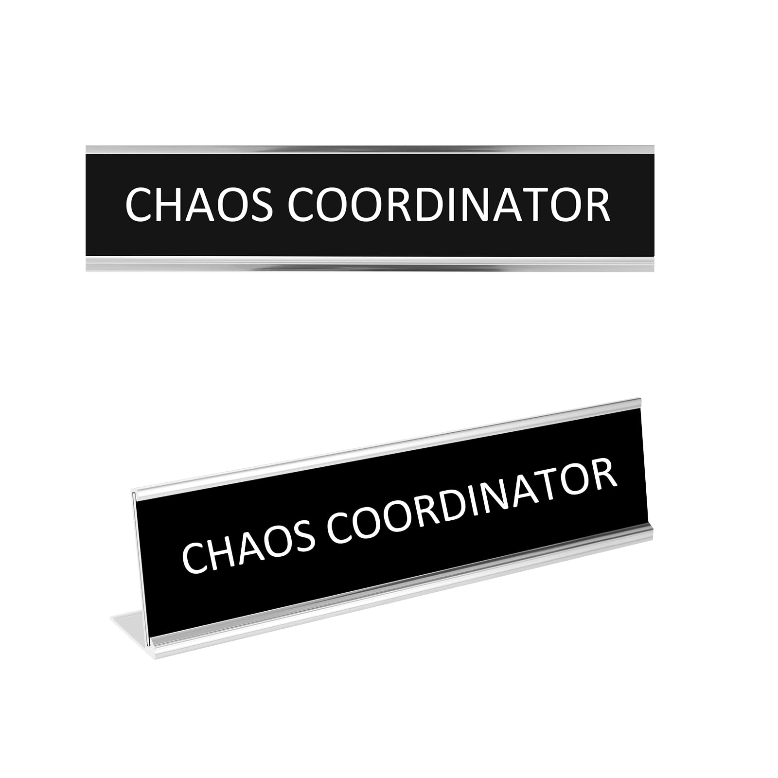 2 Pcs Chaos Coordinator Desk Sign - Funny Office Decor with Silver Holder, Classy Desk Plaque for Home & Office - Perfect for Gifts, Coworker Appreciation & Workstation Organization