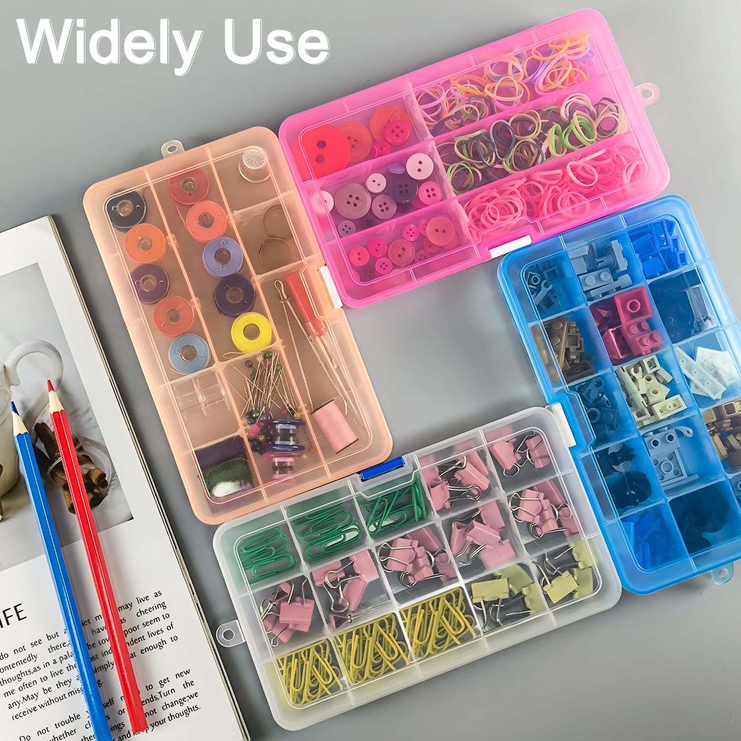 Qualsen 4-Pack Plastic Storage Box with Adjustable Dividers - 15 Grid Craft Organizer for Beads, Fishing Tackle & Office Supplies (4 Colors) | Perfect for DIY, Jewelry Making & Home Organization