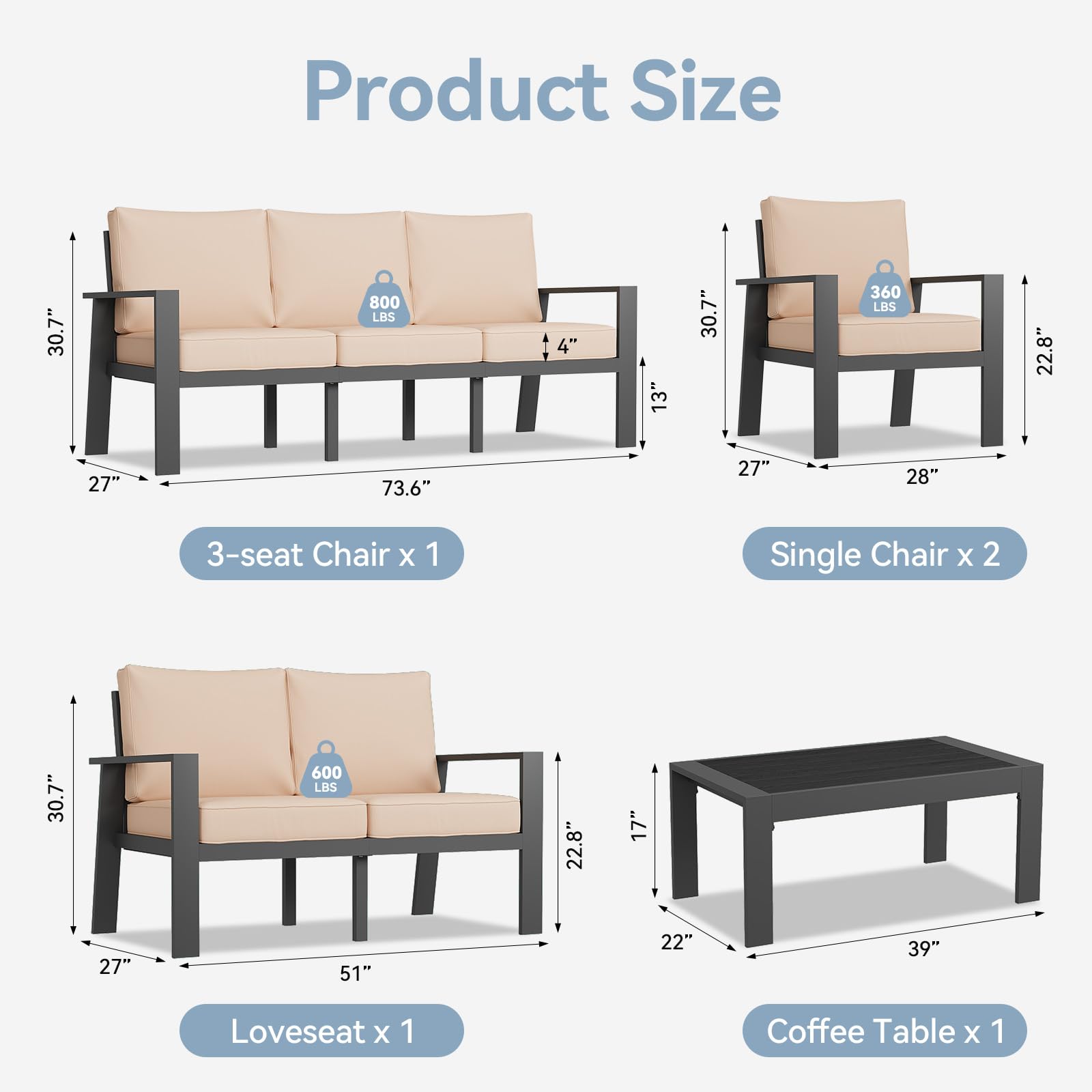 Aoxun 5-Piece Outdoor Patio Furniture Set - Durable Aluminum Sectional with Waterproof Cushions & Coffee Table, Perfect for Lawn, Garden, Backyard, and Poolside Relaxation (Beige)
