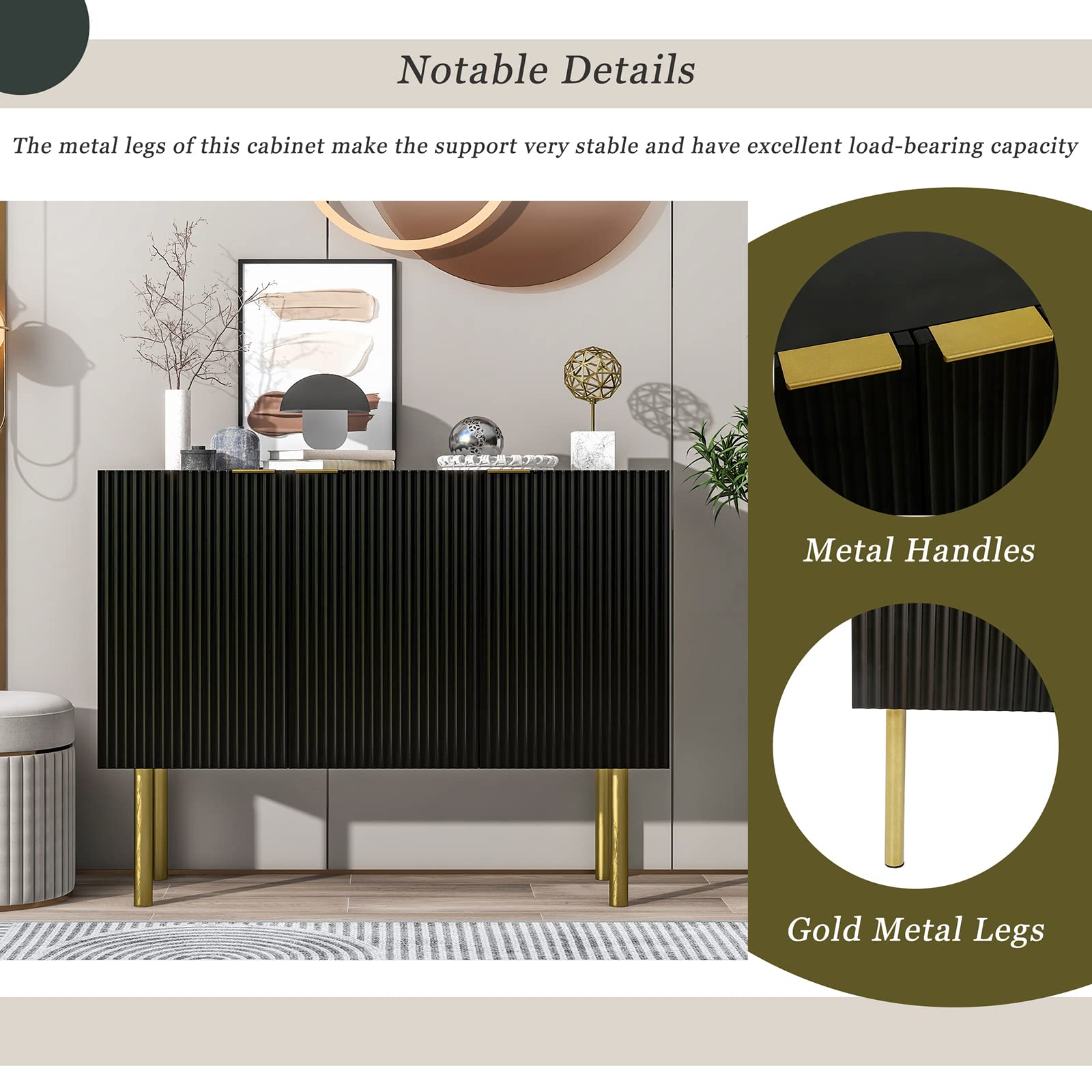Modern 3-Door Kitchen Buffet Cabinet with Adjustable Shelves - Light Luxury Floor Cabinet with Gold Metal Legs & Handles, Wood Accent Storage for Living Room & Dining Room (47.2