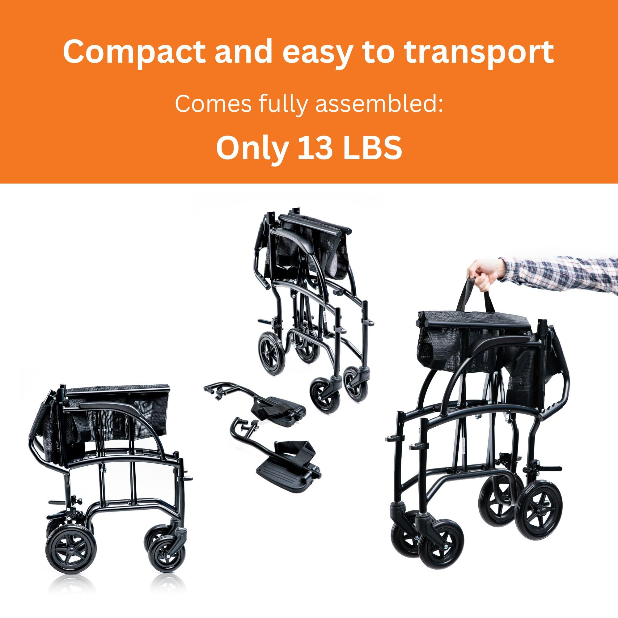 Feather Mobility - 13lb Ultra Lightweight Folding Transport Wheelchair - Black - 300 lb Weight Capacity - No Handbrakes - Ideal for Travel, Shopping & Doctor Visits