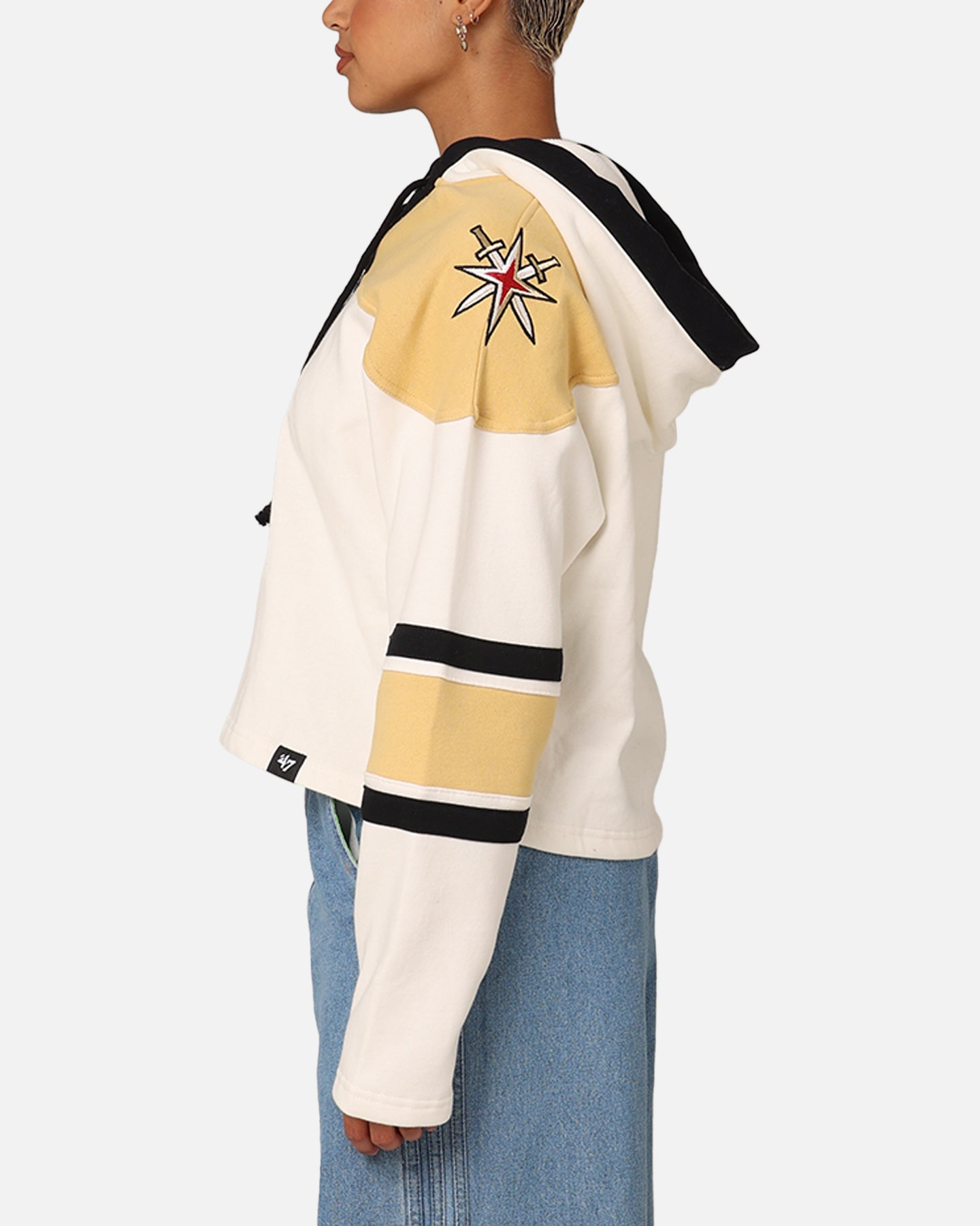 47 Brand Women's Vegas Golden Knights Cropped Lace-Up Hoodie - White Washed Distressed Style for Game Day & Casual Streetwear