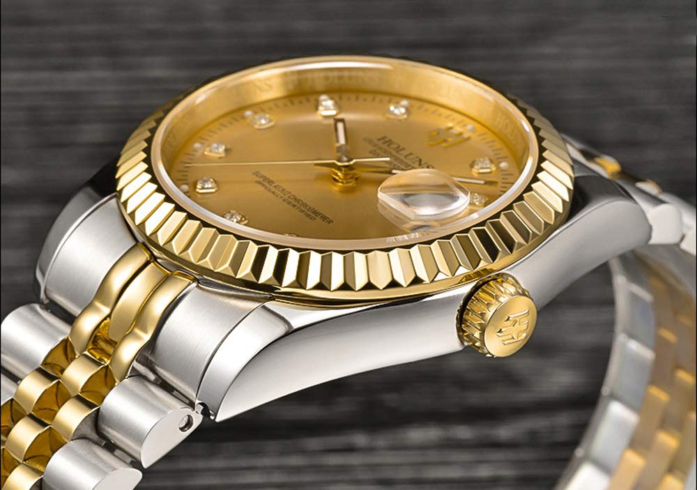Luxury Men's Automatic Mechanical Watch - 18K Gold Plated Stainless Steel, Self-Winding, Sapphire Crystal Glass, Waterproof Dress Watch for Business & Formal Occasions