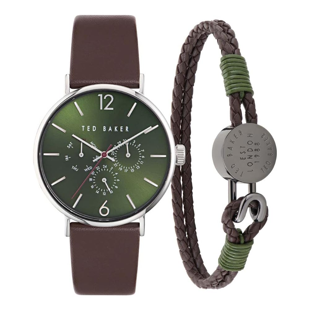 Ted Baker Men's Brown Leather Strap Watch & Leather Bracelet Gift Set (Model BKGFW23069I) - Perfect for Formal Events, Business Meetings & Anniversary Gifts