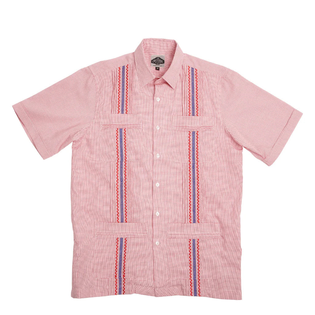 San Cristobal Red Checkered Short Sleeve Guayabera Shirt for Men - Casual Summer Wear, Beach Outings & Tropical Vacations