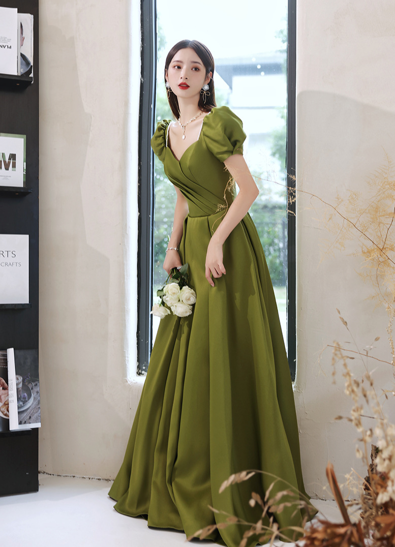 Elegant Green Satin Short Sleeve A-Line Prom Dress for Evening Party & Formal Events | Perfect for Homecoming, Banquets, and Special Occasions