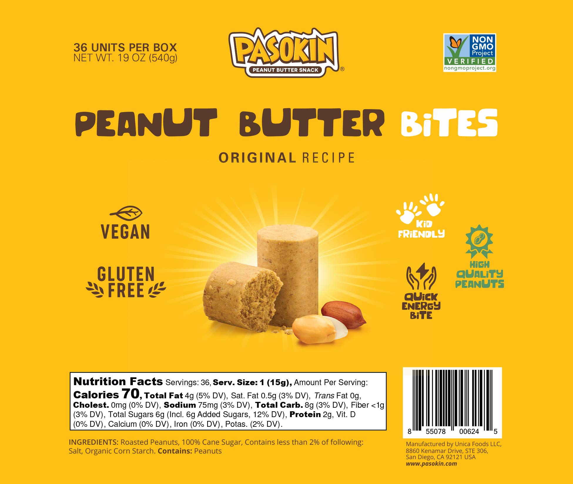PASOKIN Natural Peanut Butter Snack - Crunchy & Creamy PB Bites | Gluten Free, Vegan Protein Snacks | USA Made Pacoca, 6 Boxes (36 Bites) | Perfect for On-the-Go Snacking, Office Treats & Healthy Desserts