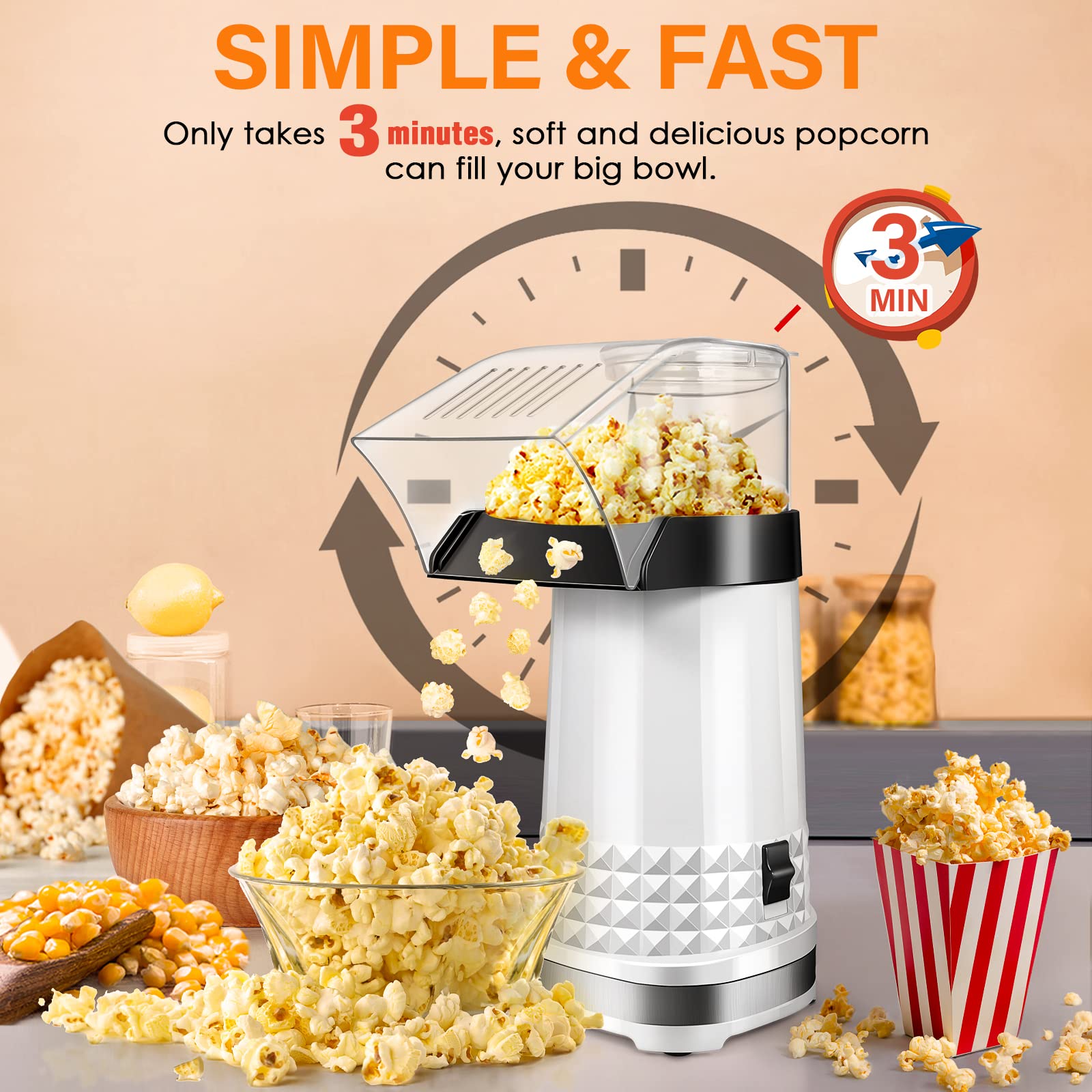 1200W Fast Electric Hot Air Popcorn Maker Machine - 4.5 Quart Capacity, ETL Certified & BPA-Free, Includes Measuring Cup - Perfect for Movie Nights, Family Gatherings, Kids Parties, and Healthy Snacking at Home