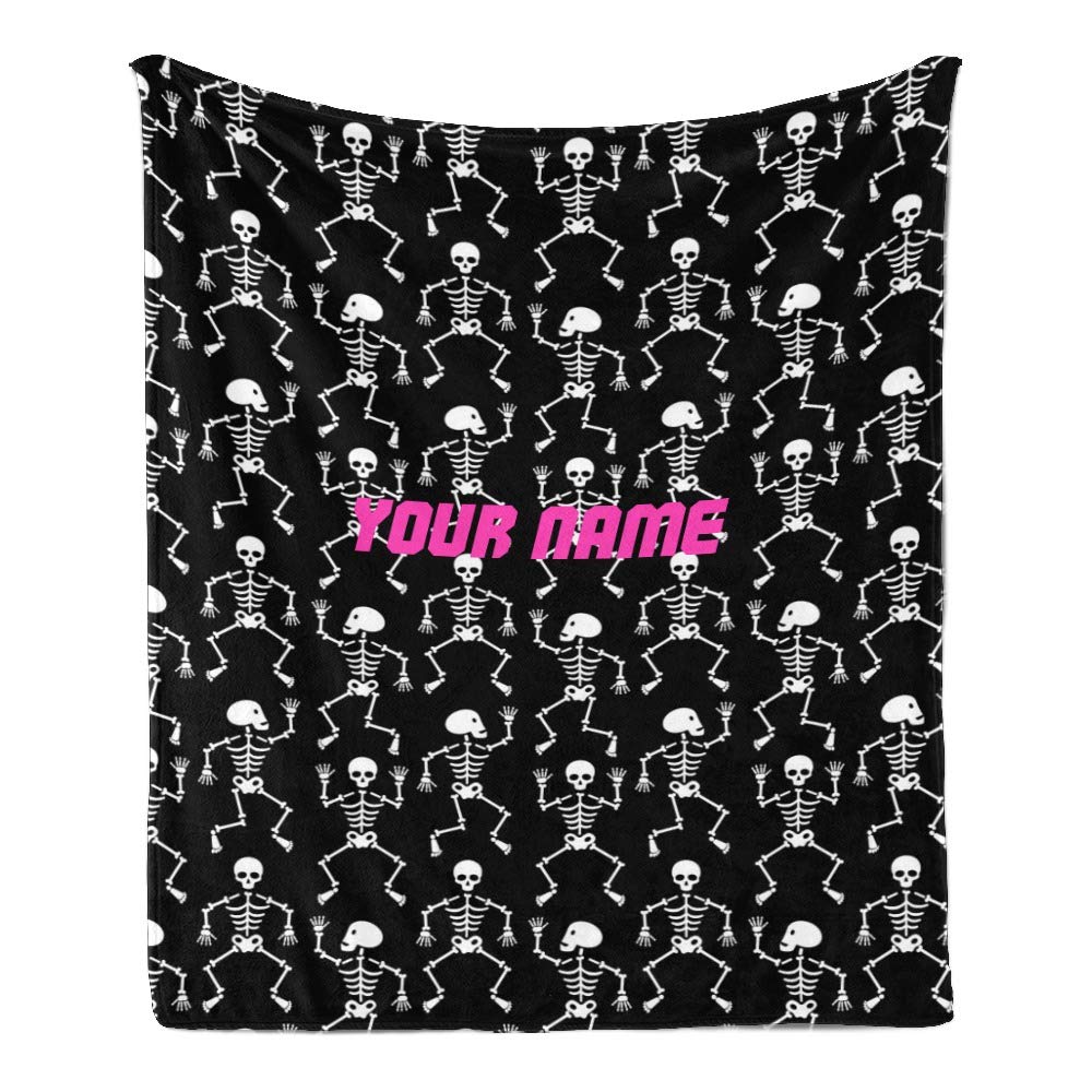 Personalized Halloween Skeleton Fleece Blanket with Custom Name - Super Soft Black & White Throw Blanket for Couch, Sofa & Bed (50x60 Inches) - Perfect for Halloween Decor, Cozy Movie Nights & Gift Giving