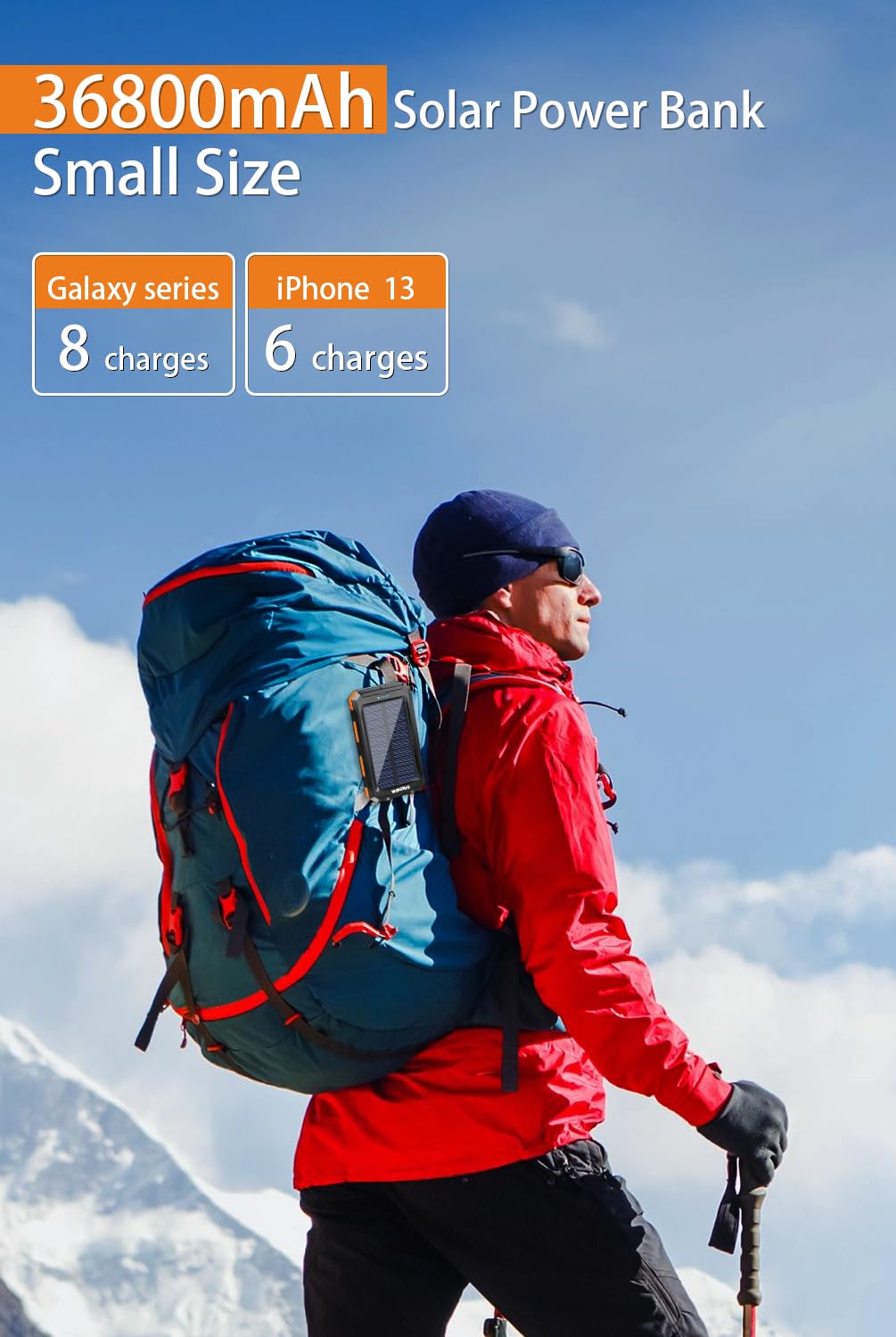 **WONGKUO 36800mAh Solar Power Bank with QC3.0 Fast Charging, LED Flashlight & IP65 Waterproof - Portable Solar Charger for Phones, Tablets, Outdoor Camping, Hiking, and Emergency Power Backup**
