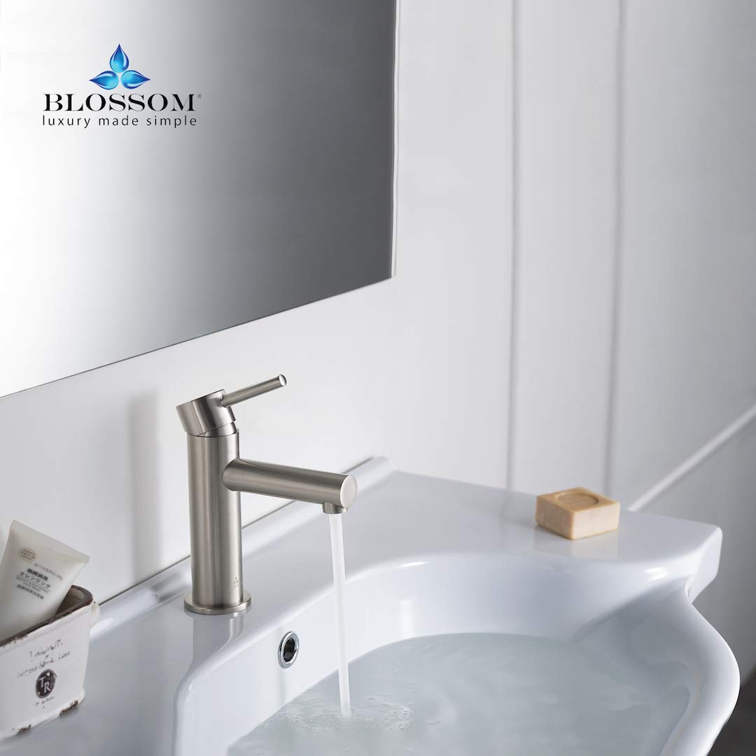 Blossom Brass Single Handle Bathroom Sink Faucet - Modern Round Vanity Basin Fixture with Water Hose | Easy Install Single Hole Lavatory Faucet | F01 116 02 (Brushed Nickel) | Perfect for Home, Hotel & Commercial Bathroom Renovation