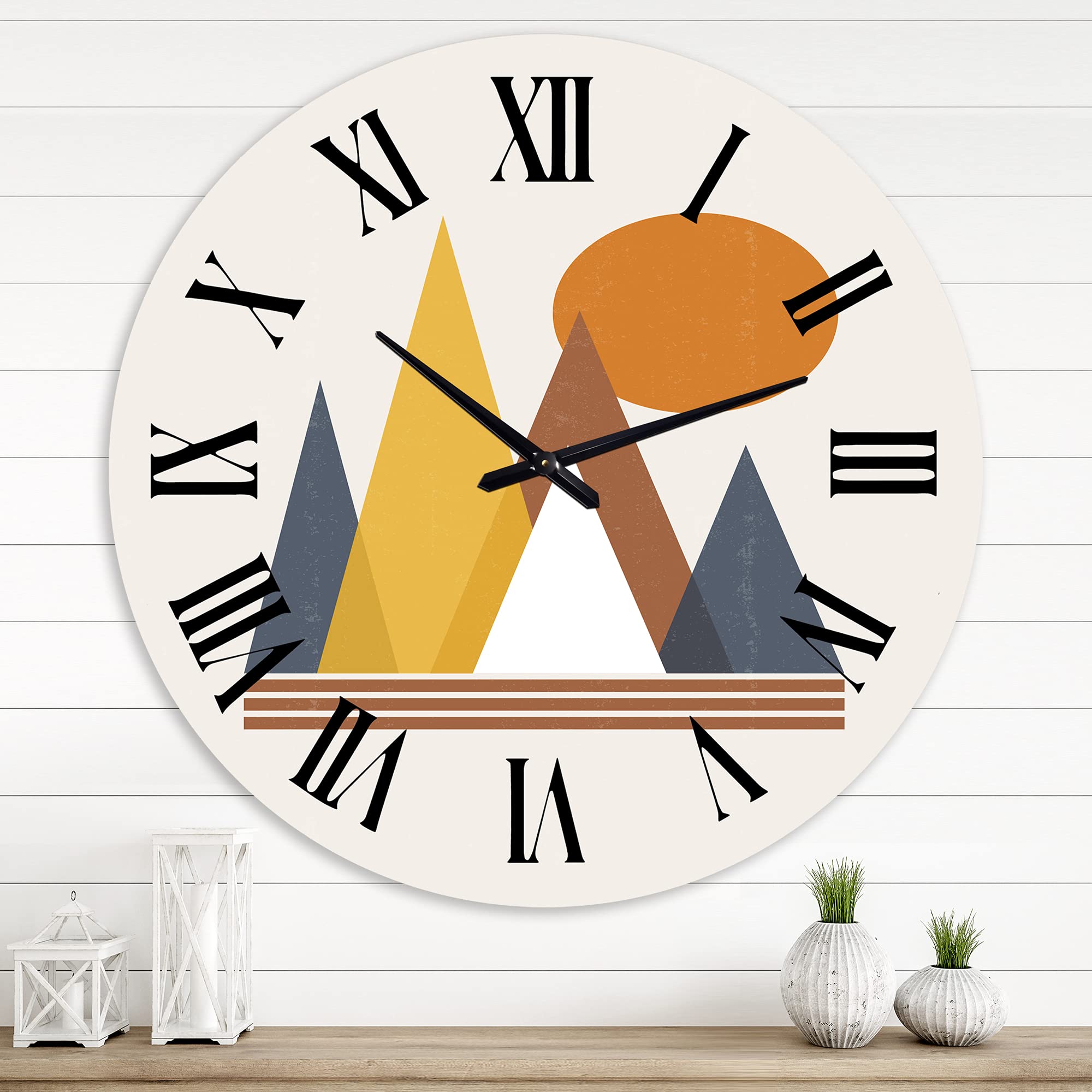 DesignQ Modern Abstract Mountain & Sun Wall Clock - Large Fractal Art Decorative Clock for Kitchen, Living Room, Office | Perfect for Home & Office Decor