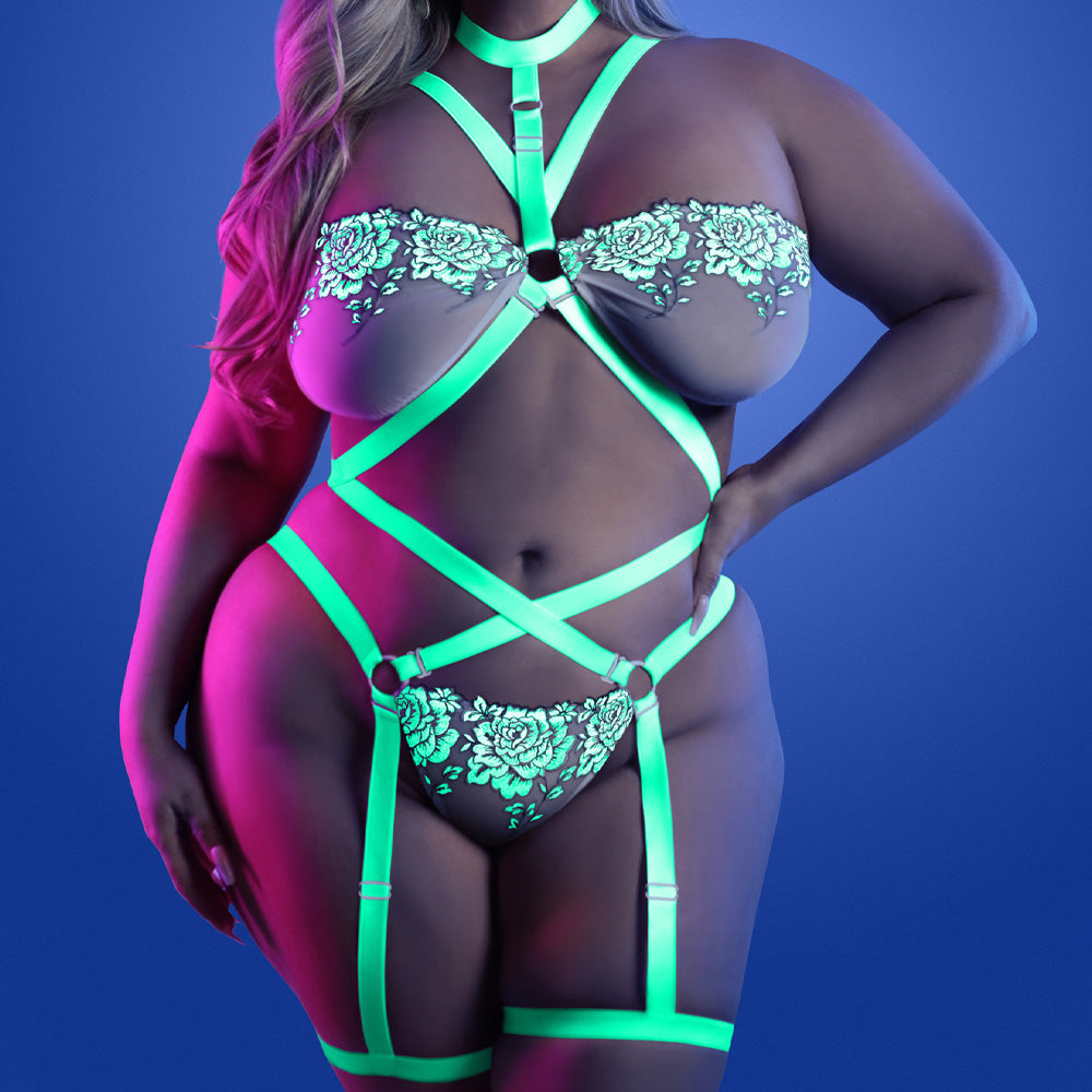 Fantasy Lingerie Glow in The Dark Night Vision Gartered Cage Strap Teddy for Women - Sexy Plus Size Lingerie for Romantic Nights & Boudoir Photography