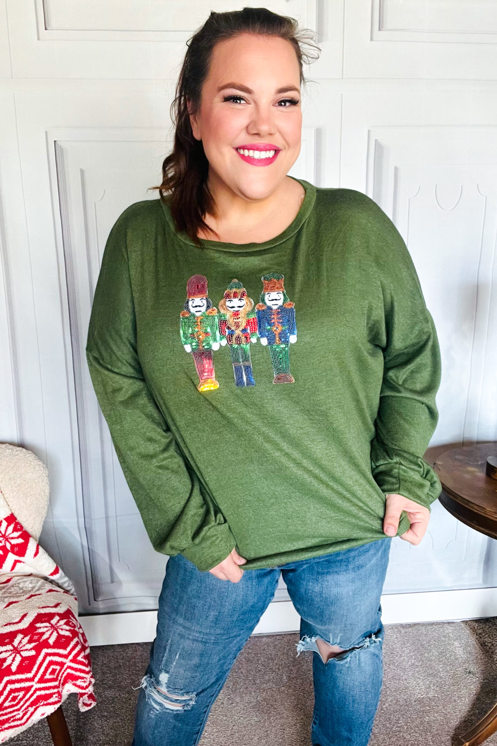 Festive Be Merry Forest Green Nutcracker Sequin Hacci Sweater Top for Christmas Party & Holiday Gatherings