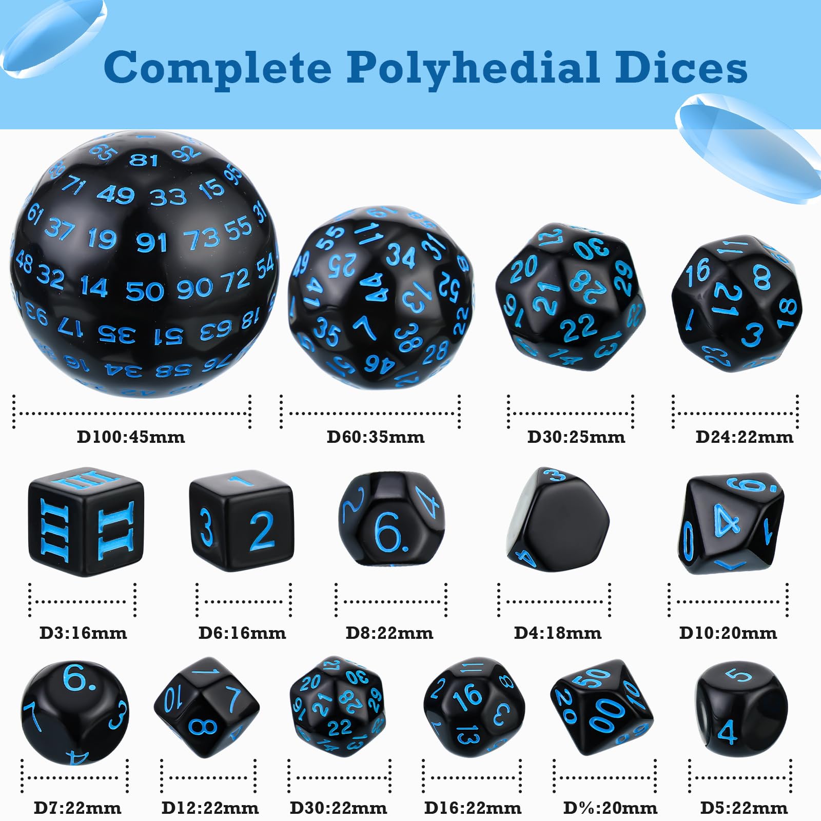 15-Piece Complete Polyhedral Dice Set (D3-D100) - Opaque Black & Blue RPG Dice for Dungeons & Dragons, Pathfinder, MTG - Perfect for Tabletop Roleplaying Games, Board Games & Game Night Parties