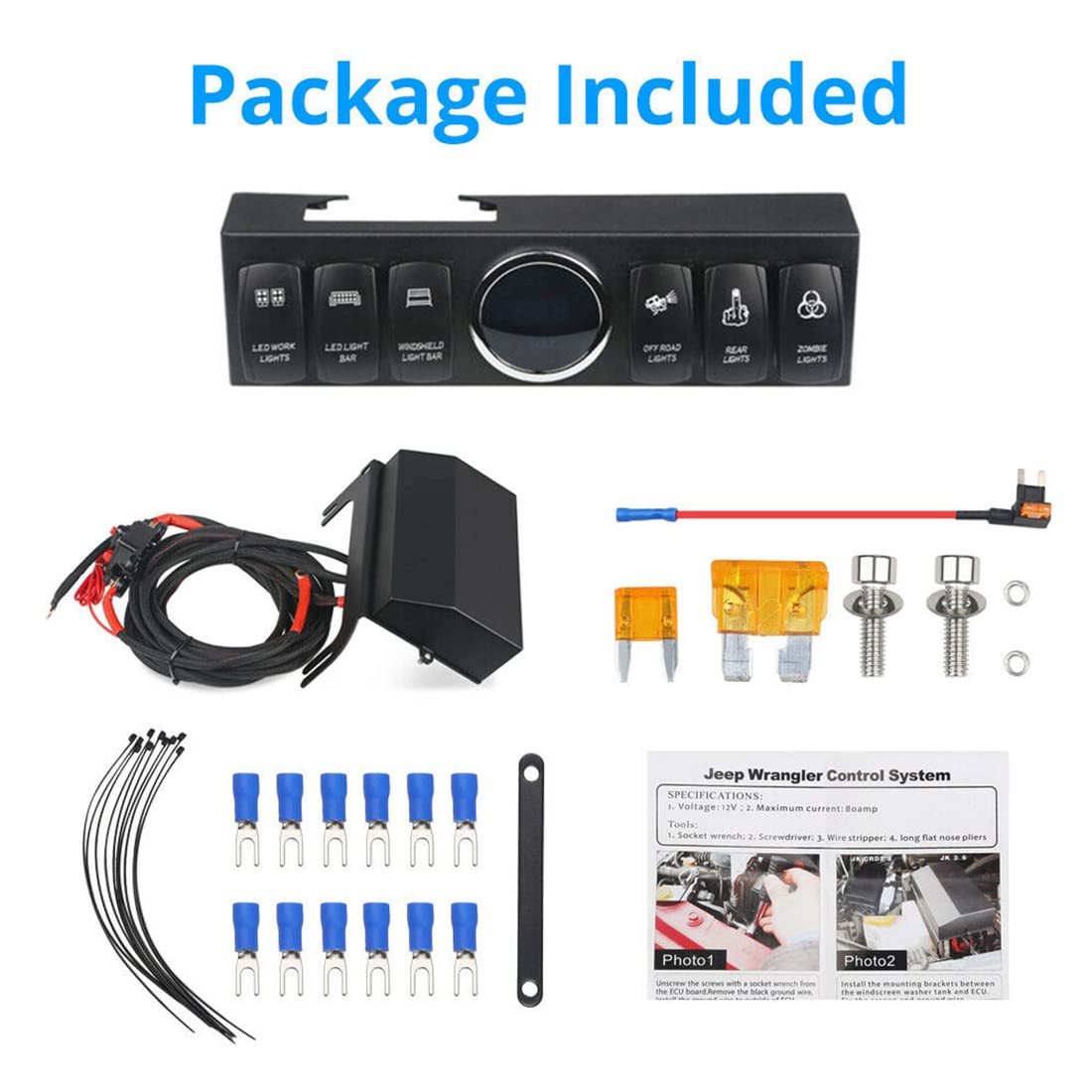 6 Toggle Switch Panel with Digital Voltmeter & Relay Box - KMFCDAE Rocker Switch Control System Compatible with Jeep Wrangler JK/JKU (2007-2018) - Perfect for Off-Road Adventures, Car Modifications & Electrical System Upgrades
