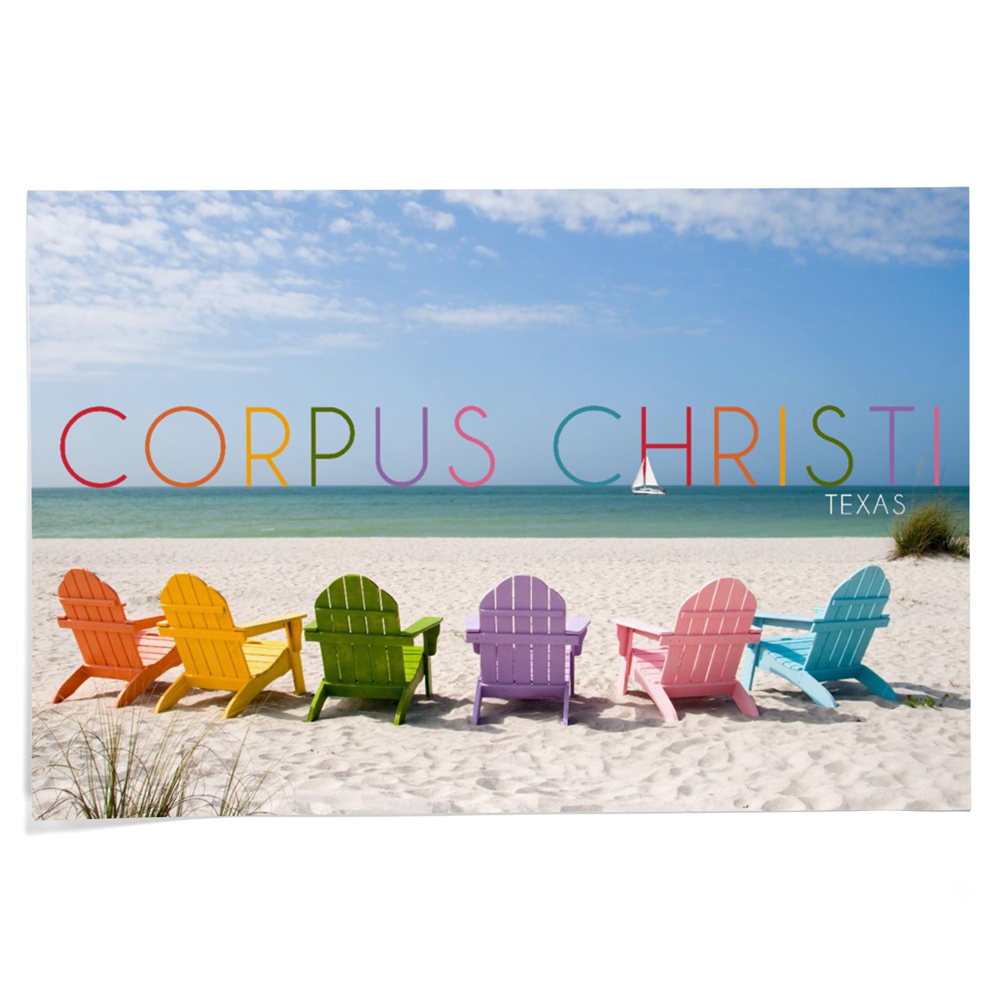 Lantern Press 24x36 Inch Giclee Art Print - Corpus Christi Texas Beach Scene with Colorful Chairs - Coastal Wall Decor for Living Room, Bedroom & Office