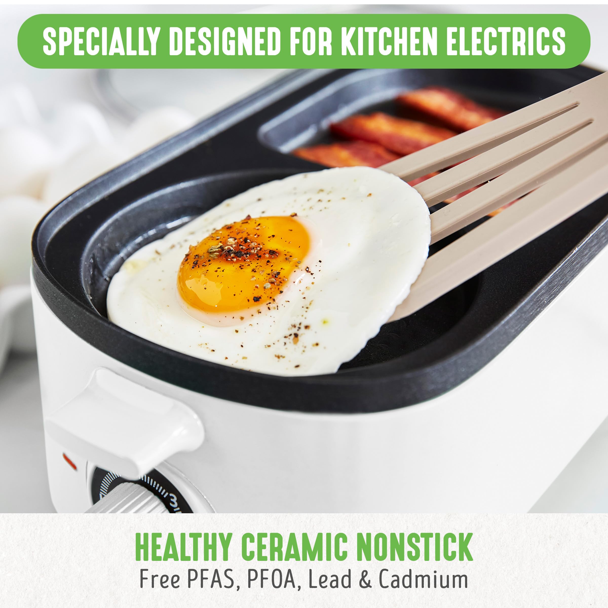 GreenLife 3-in-1 Breakfast Maker Station - Healthy Ceramic Nonstick Dual Griddles for Eggs, Meat, Sausage, Bacon & Pancakes - 2 Slice Toaster with Timer - Perfect for Quick Breakfast, Camping & Small Kitchens - White