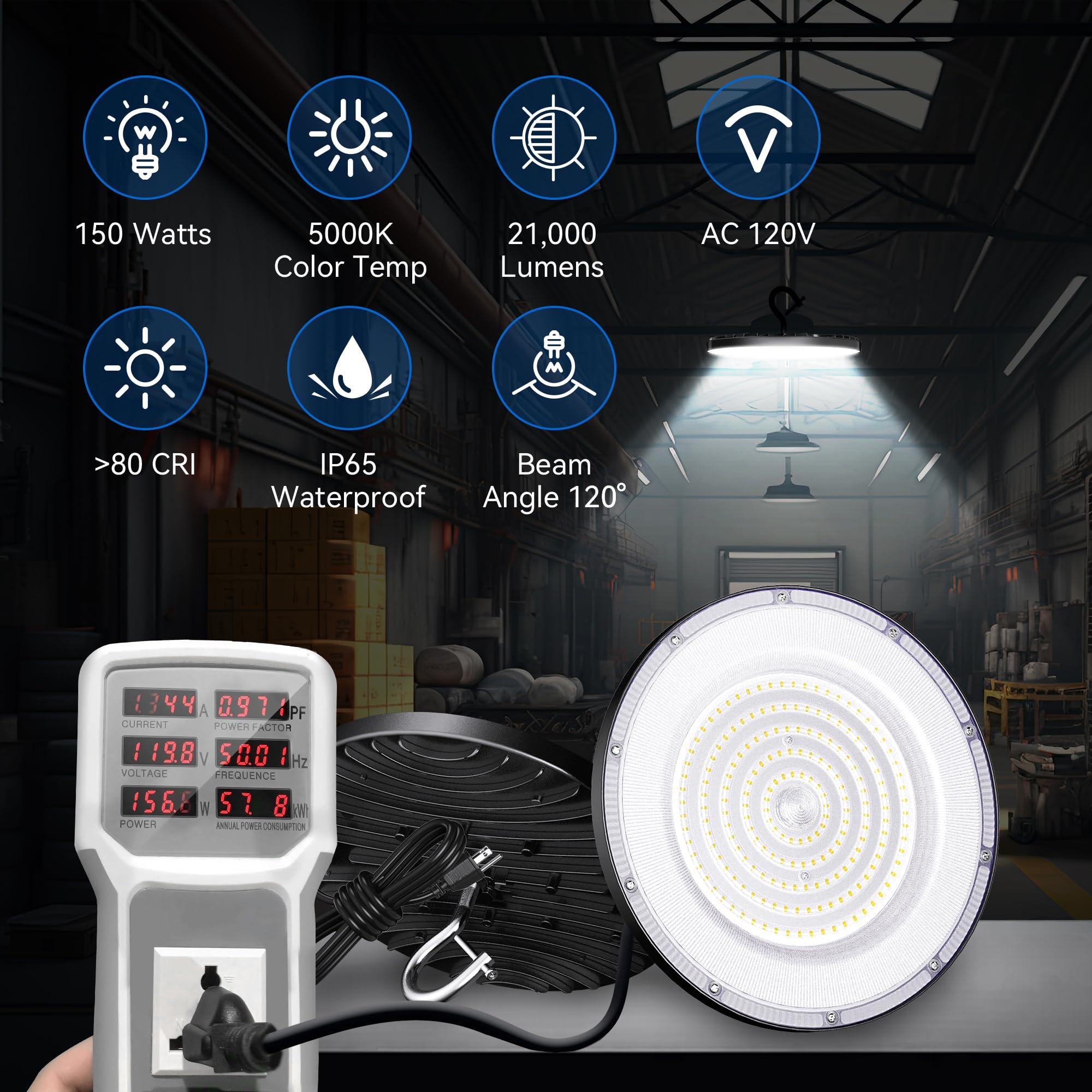 10 Pack UFO LED High Bay Light 150W, 21000 Lumens, 5000K Daylight White - Commercial & Industrial LED Shop Lights with US Plug for Warehouse, Workshop, Factory, Barn - Energy Efficient Plug & Play Lighting for High Ceiling Spaces