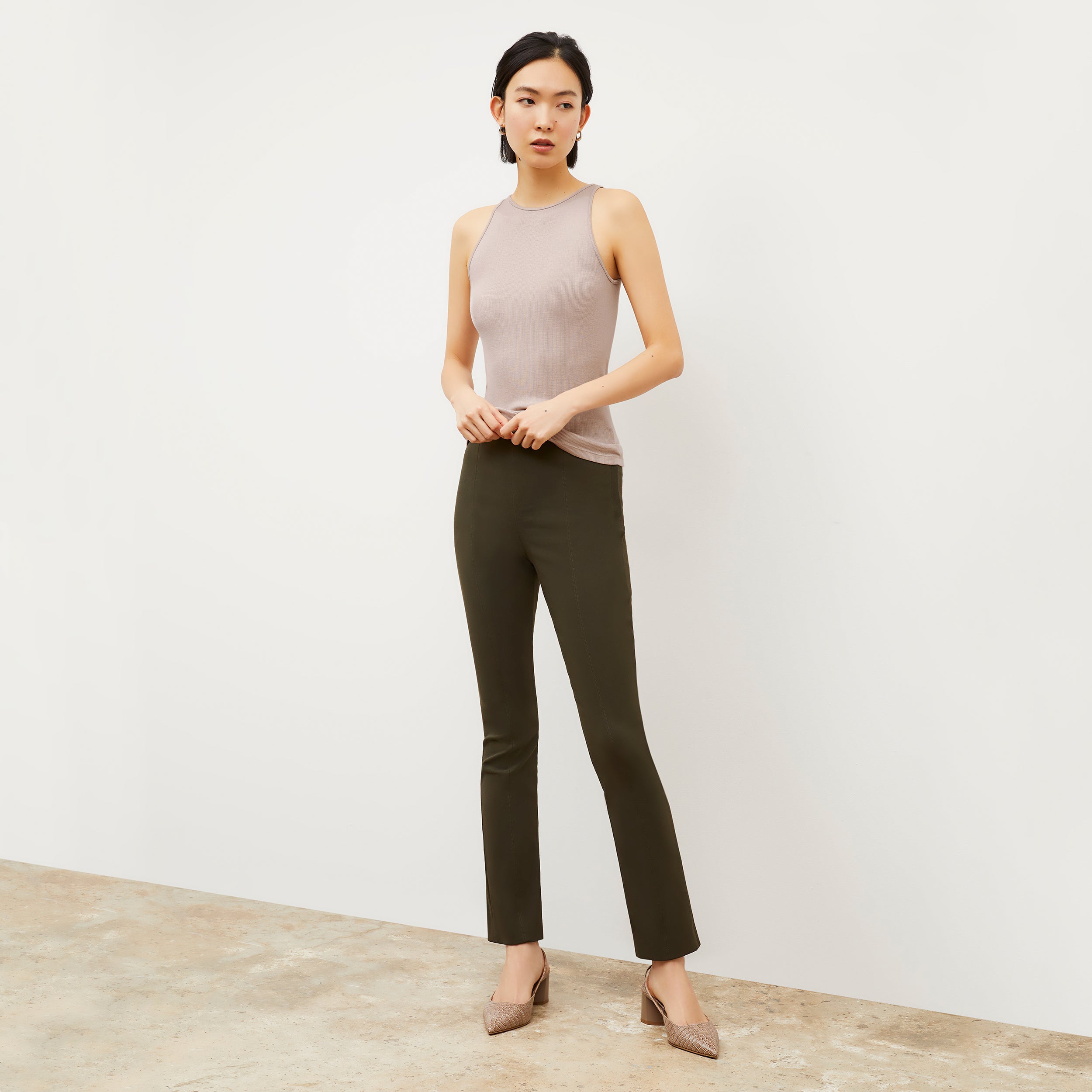 Foster Cigarette Pants for Women - PowerStretch High Waist Slim Fit Trousers in Dark Olive | Perfect for Work, Travel & Outdoor Activities