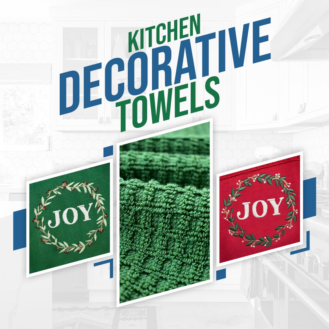 DAN RIVER Cotton Embroidered Kitchen Towels – Decorative Holiday Dish Towels Set, Perfect for Kitchen, Gifts, and Festive Decor (Pack of 2, Red & Green) – Ideal for Christmas, Thanksgiving, and Everyday Use