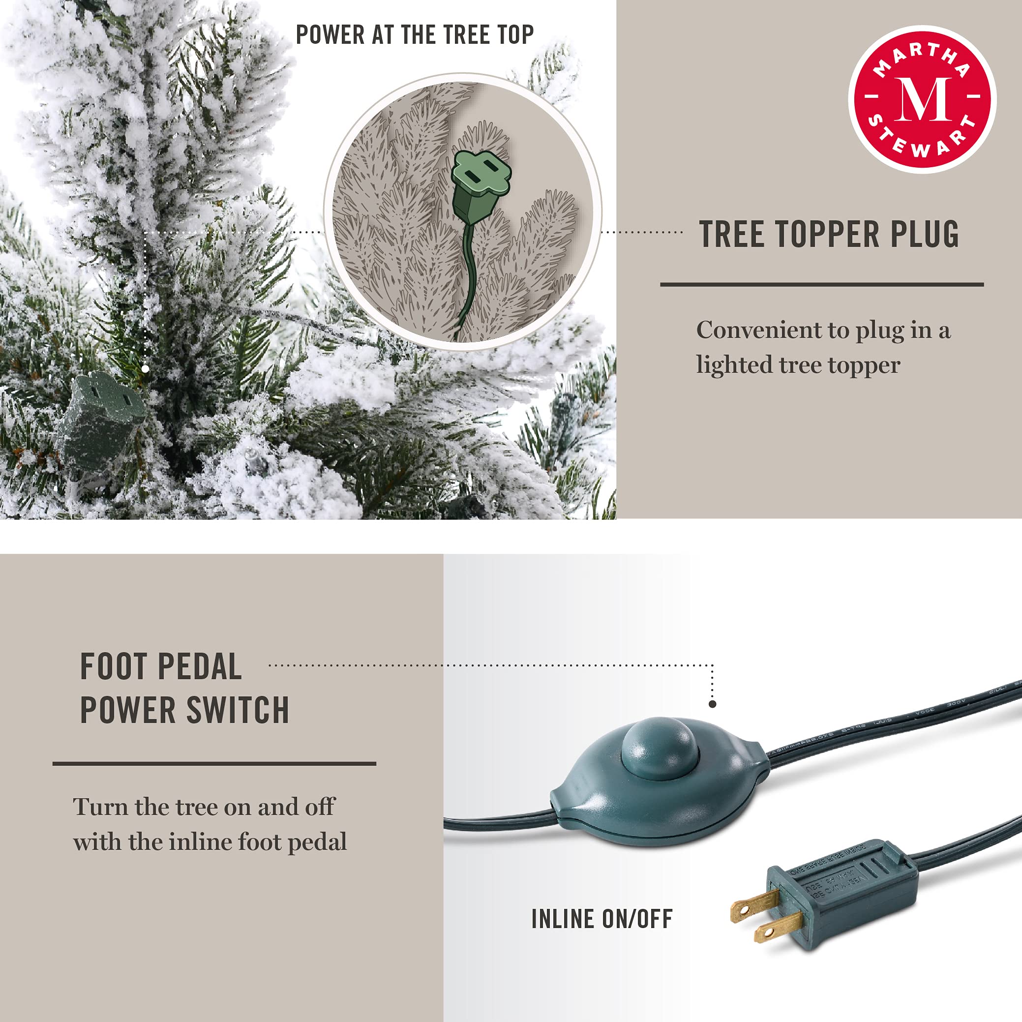 Martha Stewart 6.5ft Flocked Natural Pine Pre-Lit Artificial Christmas Tree with Clear White Lights - Perfect for Holiday Home Decor & Festive Celebrations