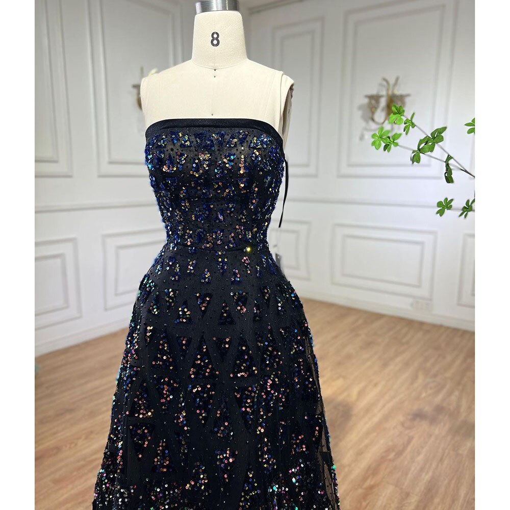 Elegant Black A-Line Evening Dress for Women 2025 | Off-The-Shoulder Beaded Sequins Party Gown | Perfect for Prom, Cocktail Parties & Formal Events | Serene Hill LA72108