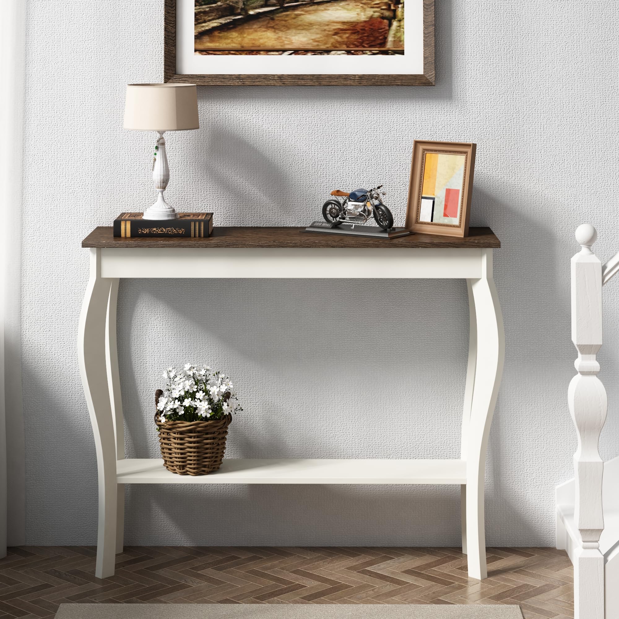 ChooChoo Narrow Farmhouse Console Table - Chic Accent Sofa Table & Entryway Table in Antique White & Brown | Perfect for Living Room, Hallway & Small Space Decor