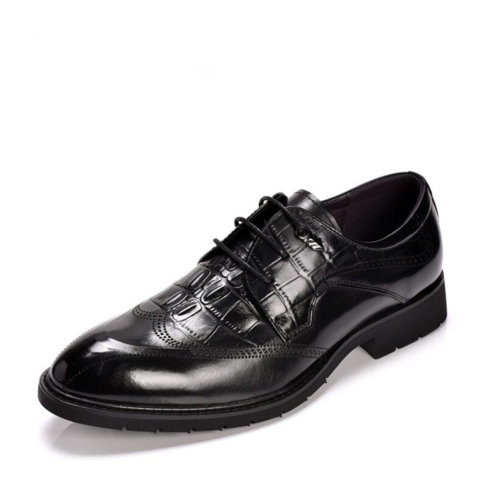 VIVIANSHOP Men's Genuine Leather Lace-Up Dress Shoes - First Layer Cowhide, Embossed Design, Thick Sole, Pointed Toe - Black (Size 42 EU) - Perfect for Business, Office, and Formal Occasions