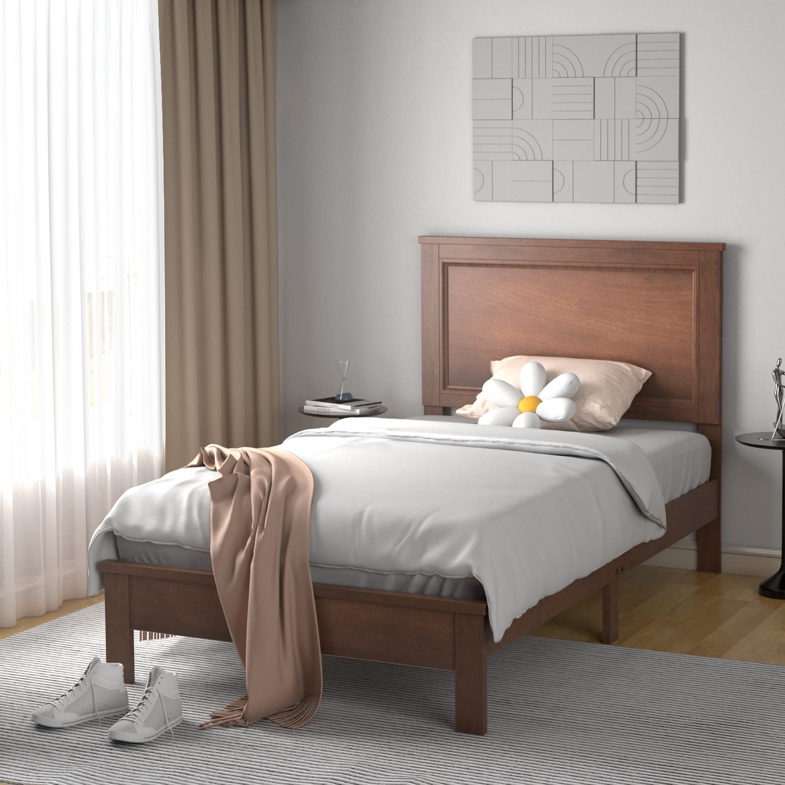 KOMFOTT Twin Size Wood Platform Bed Frame with Headboard - Mid Century Modern Walnut Bed with Slat Support & Under Bed Storage - No Box Spring Needed - Perfect for Small Bedrooms, Guest Rooms & Dorm Rooms