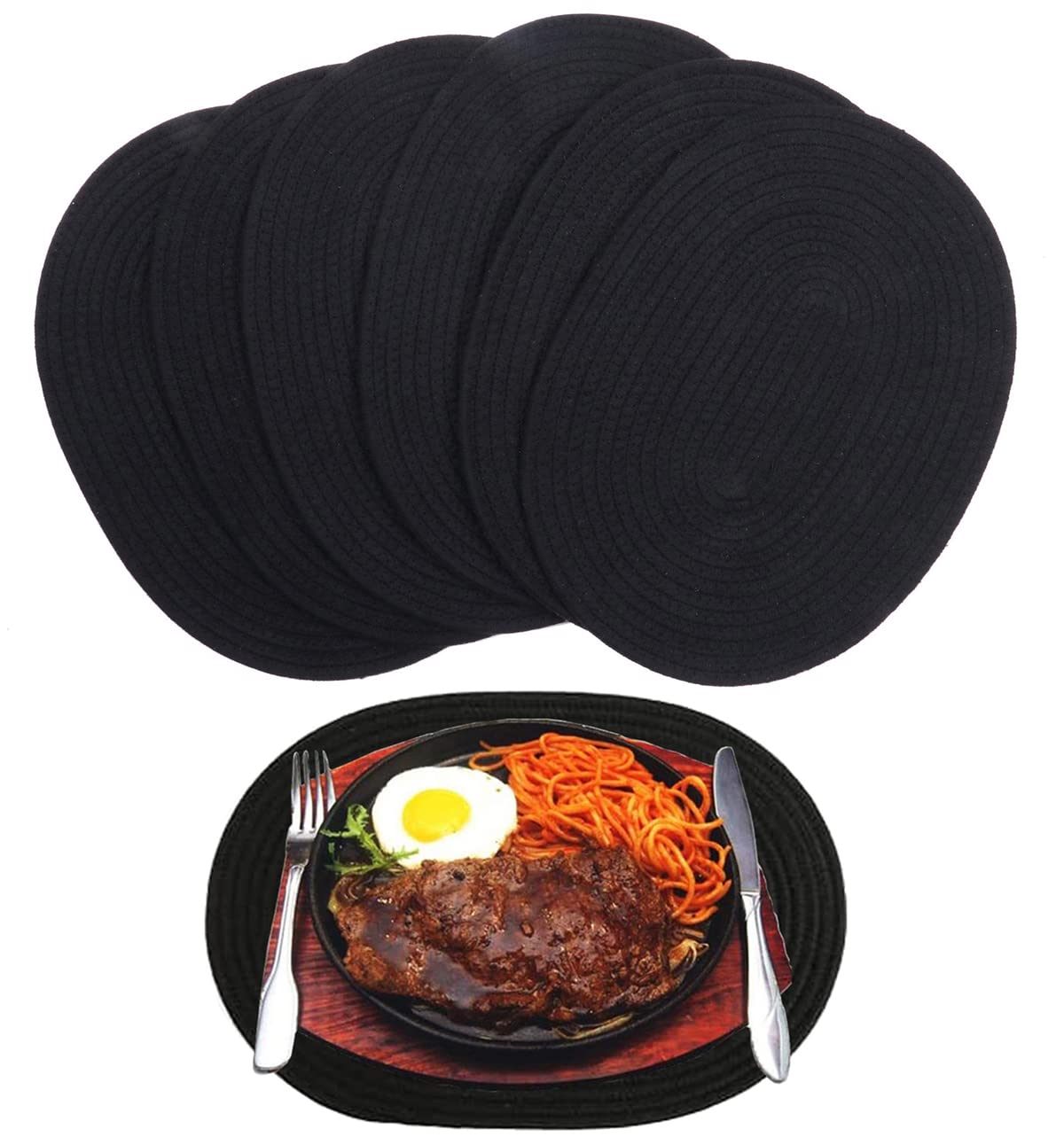 6 Pack Woven Cotton Placemats - 12x16 Inches Oval Braided Rattan Table Mats for Kitchen, Dining Table, Outdoor Party & Wedding Decoration - Elegant Plate Chargers for Everyday Use & Special Occasions (Black)