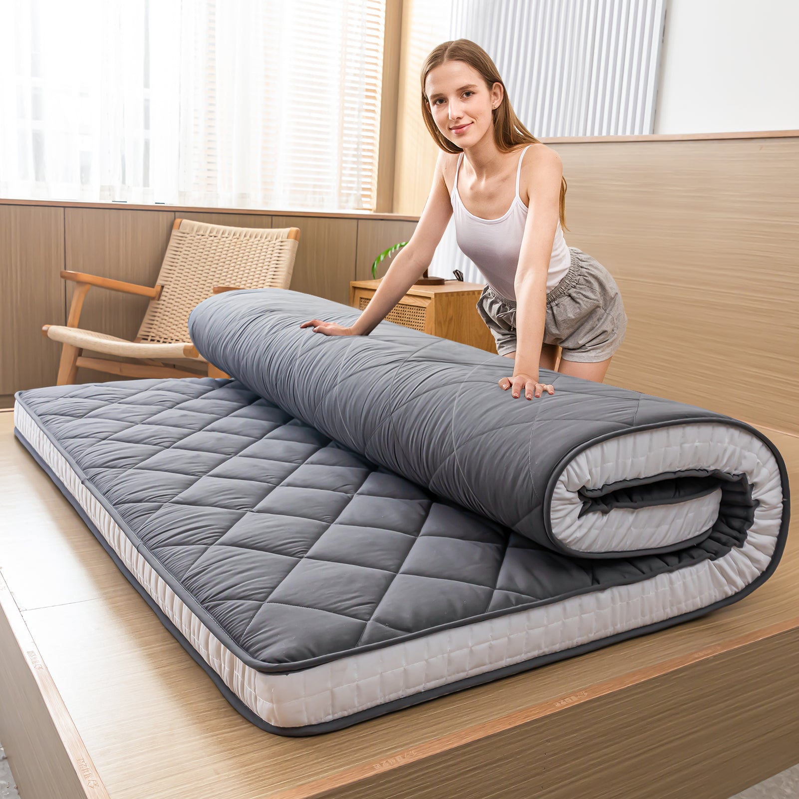MAXYOYO Diamond Patterned Padded Japanese Futon Bed - Extra Thick Floor Mattress & Quilted Mattress Topper in Dark Grey | Perfect for Guest Beds, Small Spaces & Minimalist Home Decor