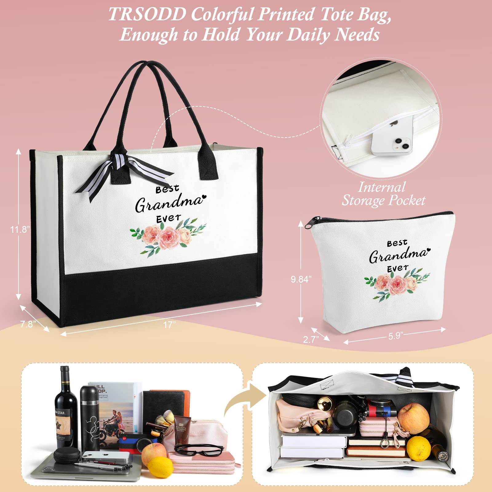TRSODD Mother's Day Gift Set for Grandma - Tote Bag & Makeup Bag Combo | Birthday Present for Women, Gigi, Nana | Perfect for Travel, Shopping & Daily Use