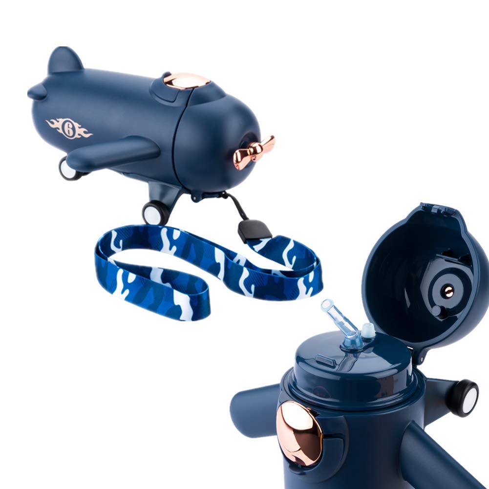 **Cartoon Airplane Kids Water Bottle - 10oz Stainless Steel Toddler Water Bottle with Straw, Leak Proof, BPA Free, Reusable - Perfect for School, Travel, Outdoor Play (Blue Plane Design)**