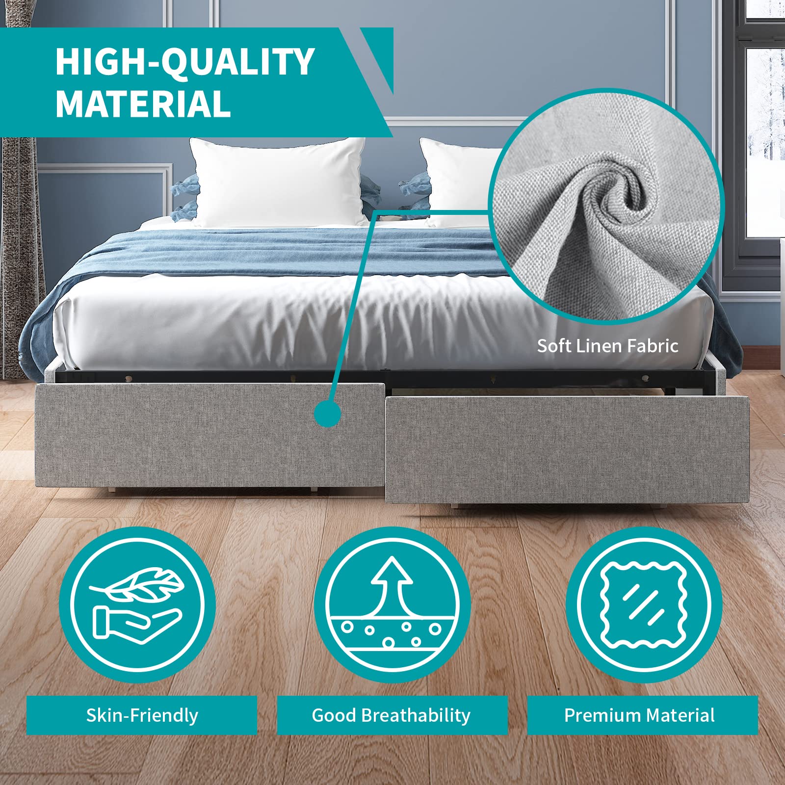 BALUS Queen Upholstered Platform Bed Frame with Storage Drawers - Heavy Duty Wood Slat Support, No Box Spring Needed, Noise Free & Easy Assembly, Light Grey - Perfect for Small Bedrooms & Guest Rooms with Extra Storage Space