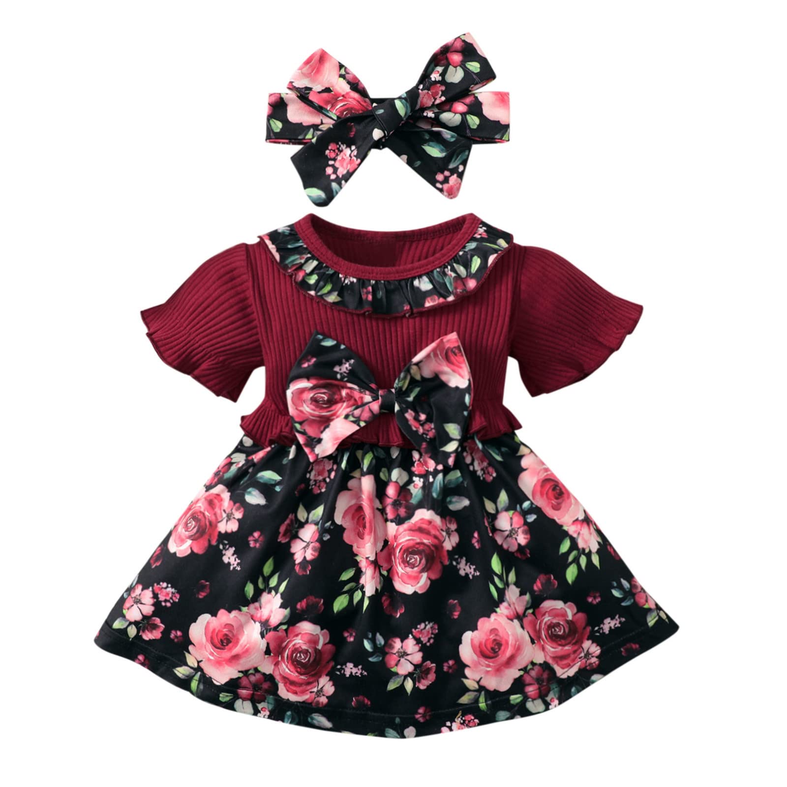 Toddler Girls Short Sleeve Ribbed Bowknot Dress with Ruffles & Floral Print - Princess Outfit Set with Headband | Perfect for Birthday Parties, Photo Shoots & Special Occasions