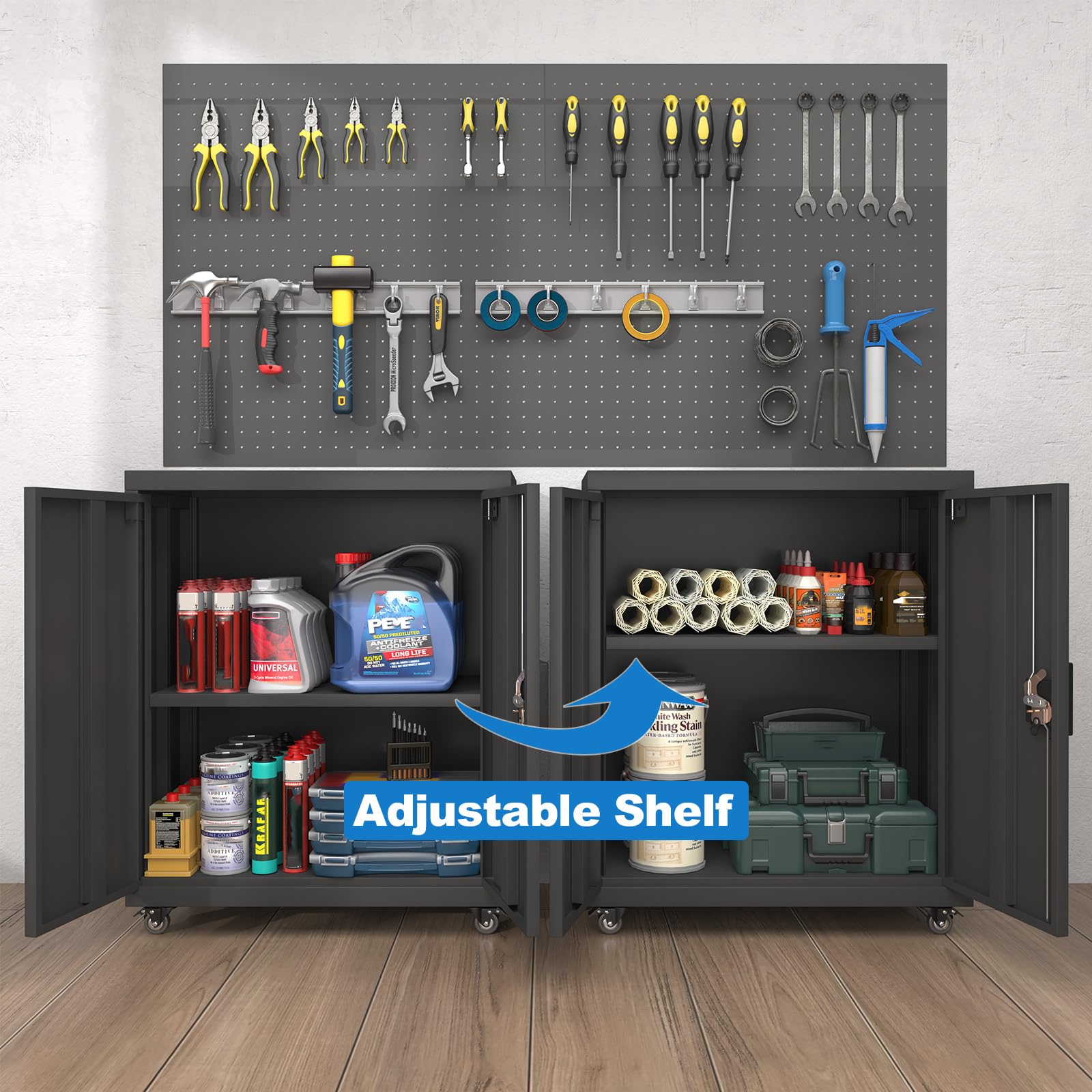 GREATMEET 4-Tier Rolling Garage Storage Cabinet with Wheels - Black Metal Utility Cabinet with Locking Doors & Adjustable Shelves - Heavy Duty Organizer for Garage, Home Office, Workshop & Laundry Room Storage Solutions