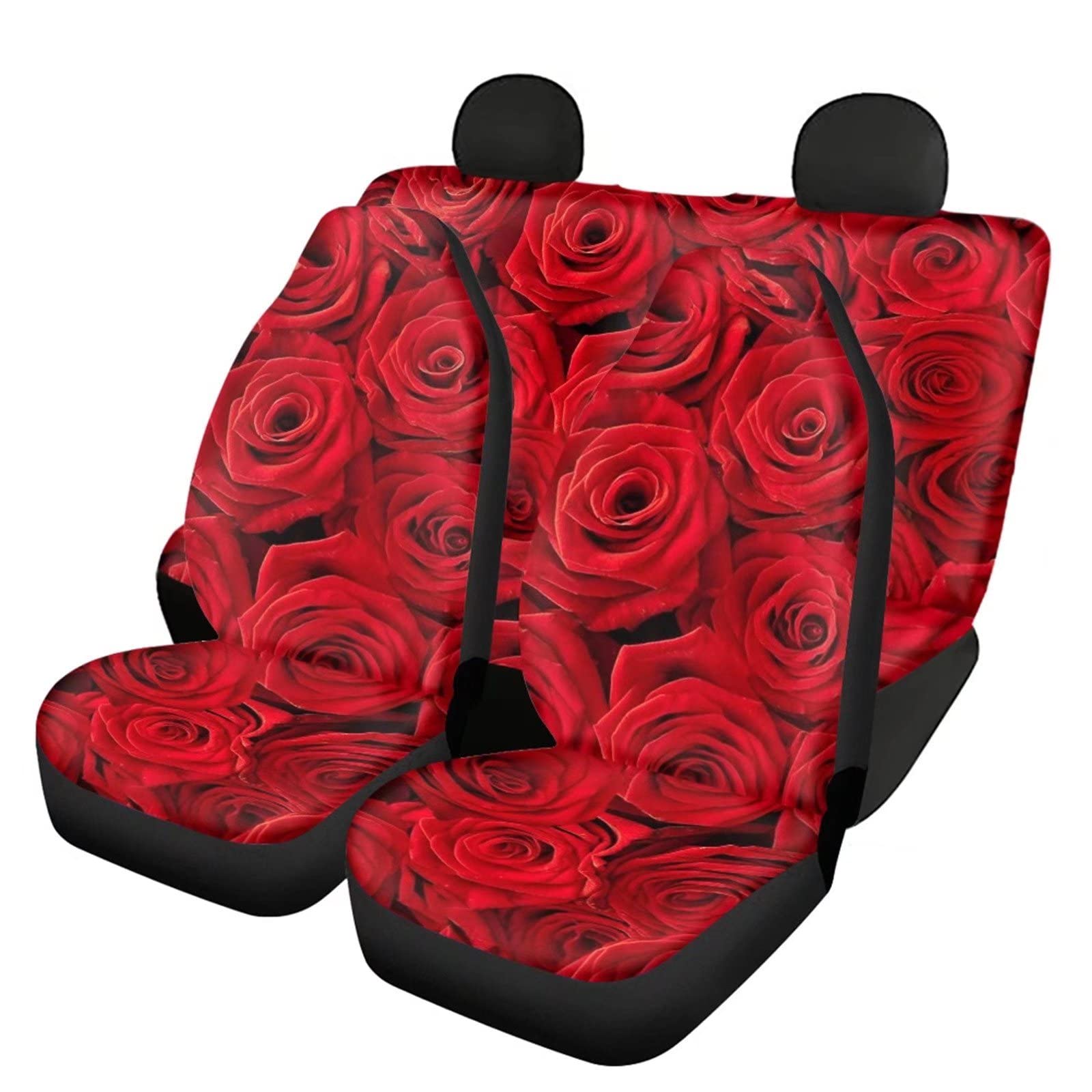 AFPANQZ Red Rose Car Seat Covers Full Set - 4 Piece Front & Rear Seat Protectors for Women's Car Interior Decor | Soft Cushion Covers for Auto Protection & Style | Perfect for Daily Commute, Road Trips & Gift Giving