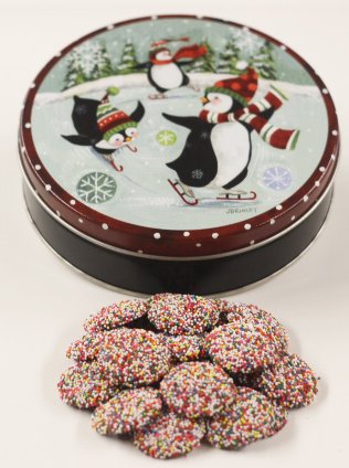 Scott's Cakes Premium Milk Chocolate Wafers with Rainbow Nonpareils - Holiday Gift Tin with Adorable Skating Penguins Design - Perfect for Christmas Stocking Stuffers, Party Favors & Sweet Treats