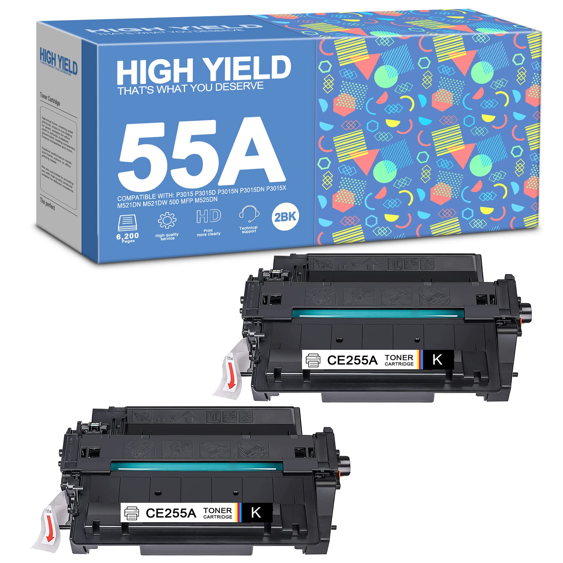 Compatible 55A CE255A Toner Cartridge (2-Pack, Black) for HP P3015 P3015d P3015n P3015dn P3015x MFP M521dn M521dw 500 MFP M525dn M525f Flow M525c Printers - High-Quality Replacement - Perfect for Office & Home Printing Needs