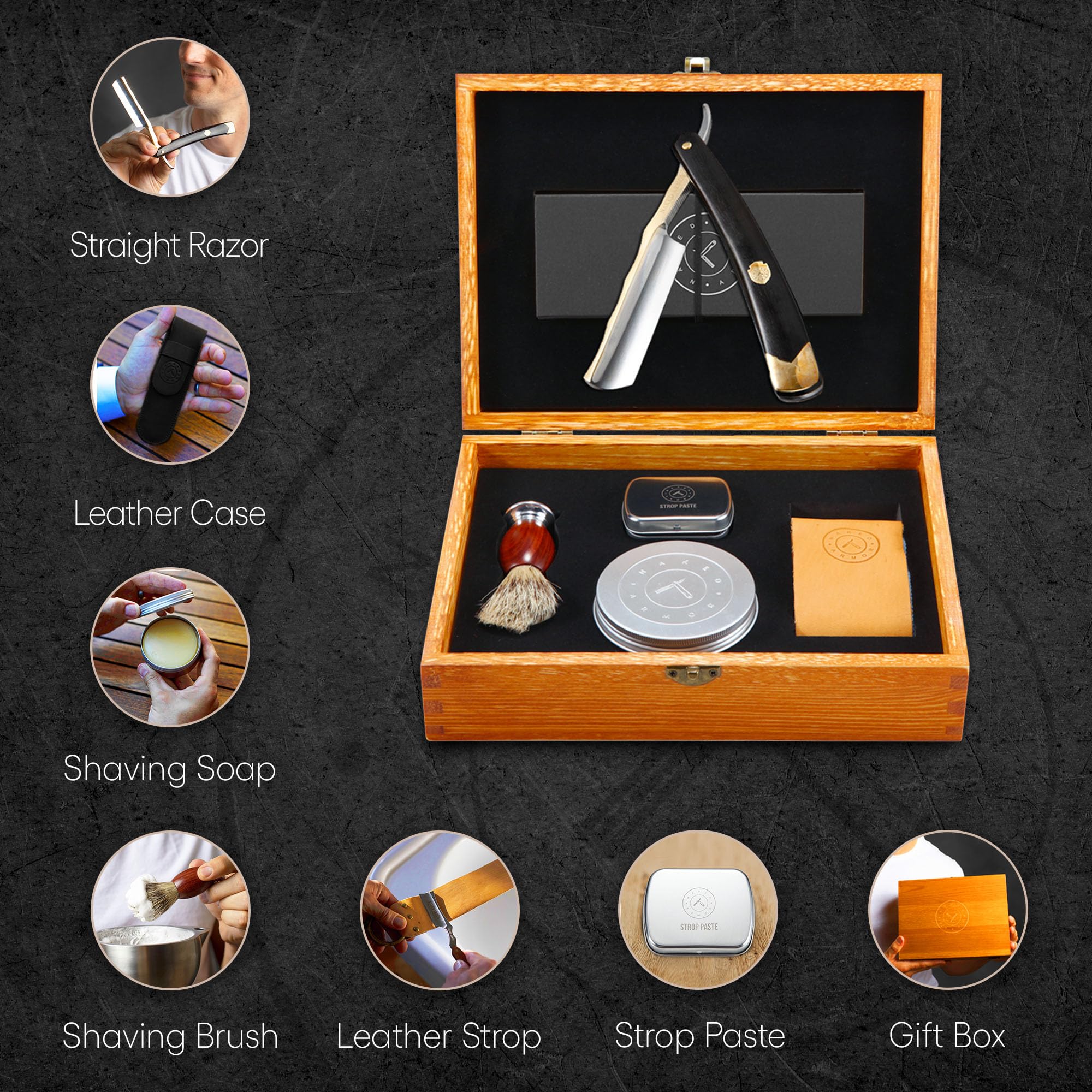 Premium Gold Straight Razor Shaving Kit for Men - Stainless Steel Straight Edge Razor with Ebony Handle, Shave Ready Razor, Brush, Soap & Strop - Complete Luxury Grooming Set for Wet Shaving - Ideal Gift for Barbers & Shaving Enthusiasts