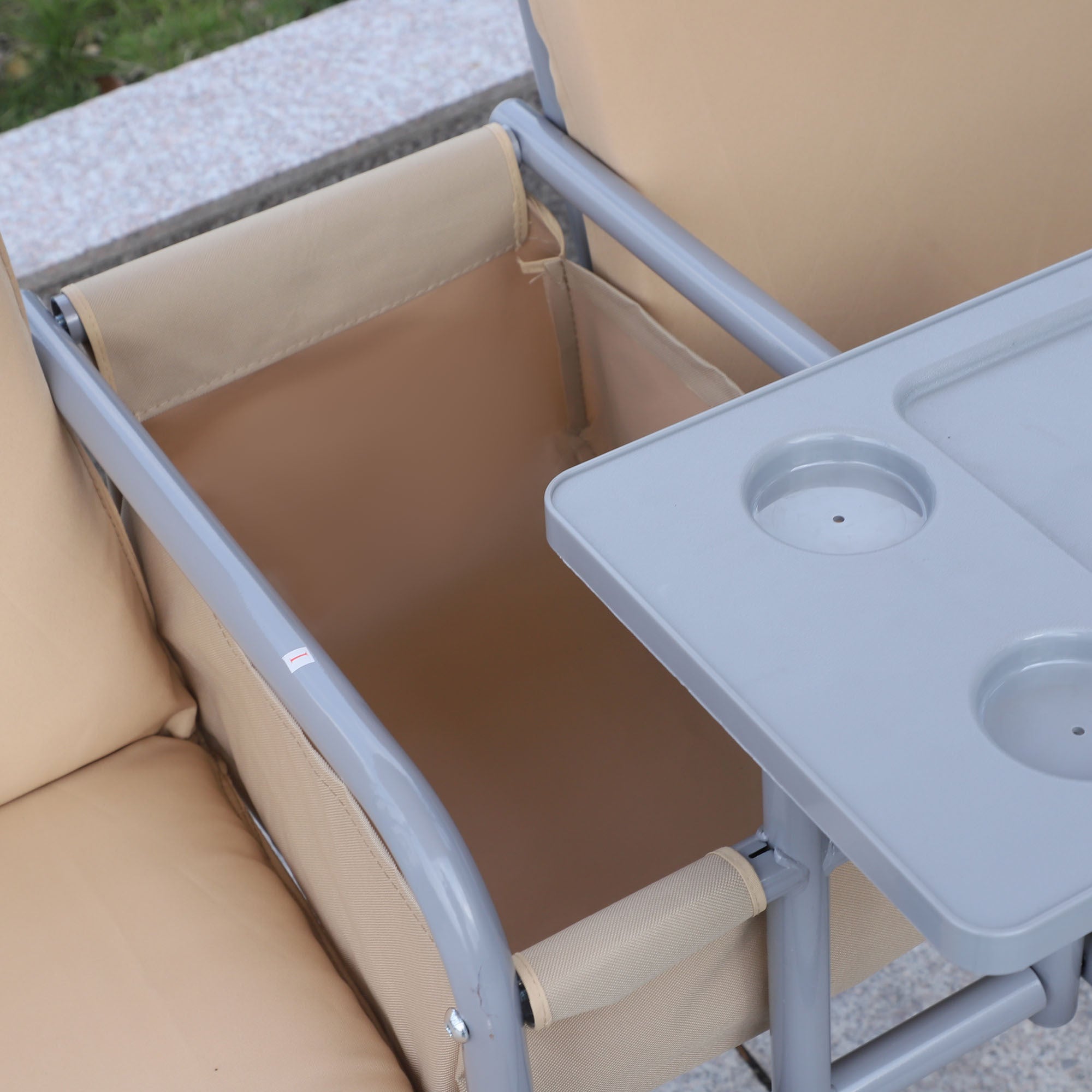 2 Person Porch Swing with Stand - Outdoor Canopy Swing Chair with Pivot Storage Table & 2 Cup Holders - Beige Patio Swing with Cushions for Backyard, Garden, Deck Relaxation