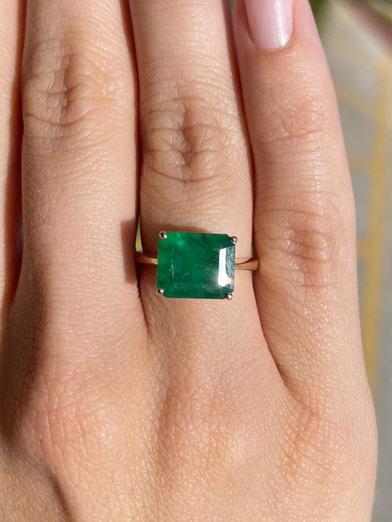 4.79 Carat Dark Green Natural Emerald Solitaire East-West Ring in 14K Yellow Gold | Elegant Wedding, Engagement & Anniversary Jewelry Gift for Women