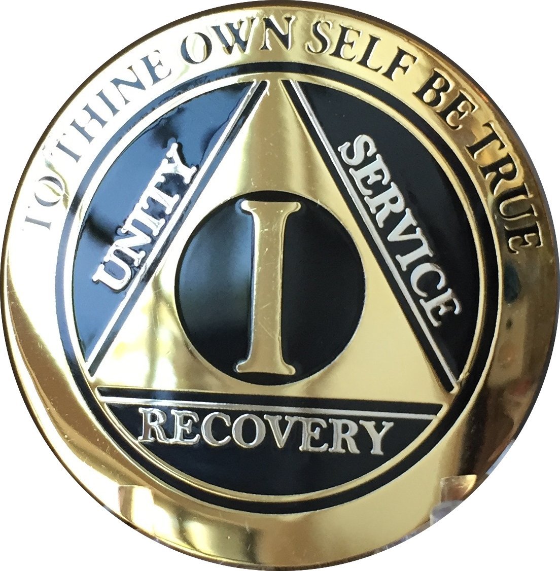 1 Year Elegant Black Gold Silver Bi-Plated AA Medallion Serenity Prayer Chip - Inspirational Gift for Recovery, Sobriety & Spiritual Growth - Perfect for AA Meetings, Daily Motivation & 12-Step Programs